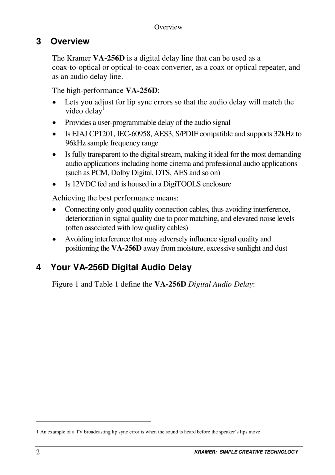 Kramer Electronics user manual Overview, Your VA-256D Digital Audio Delay 