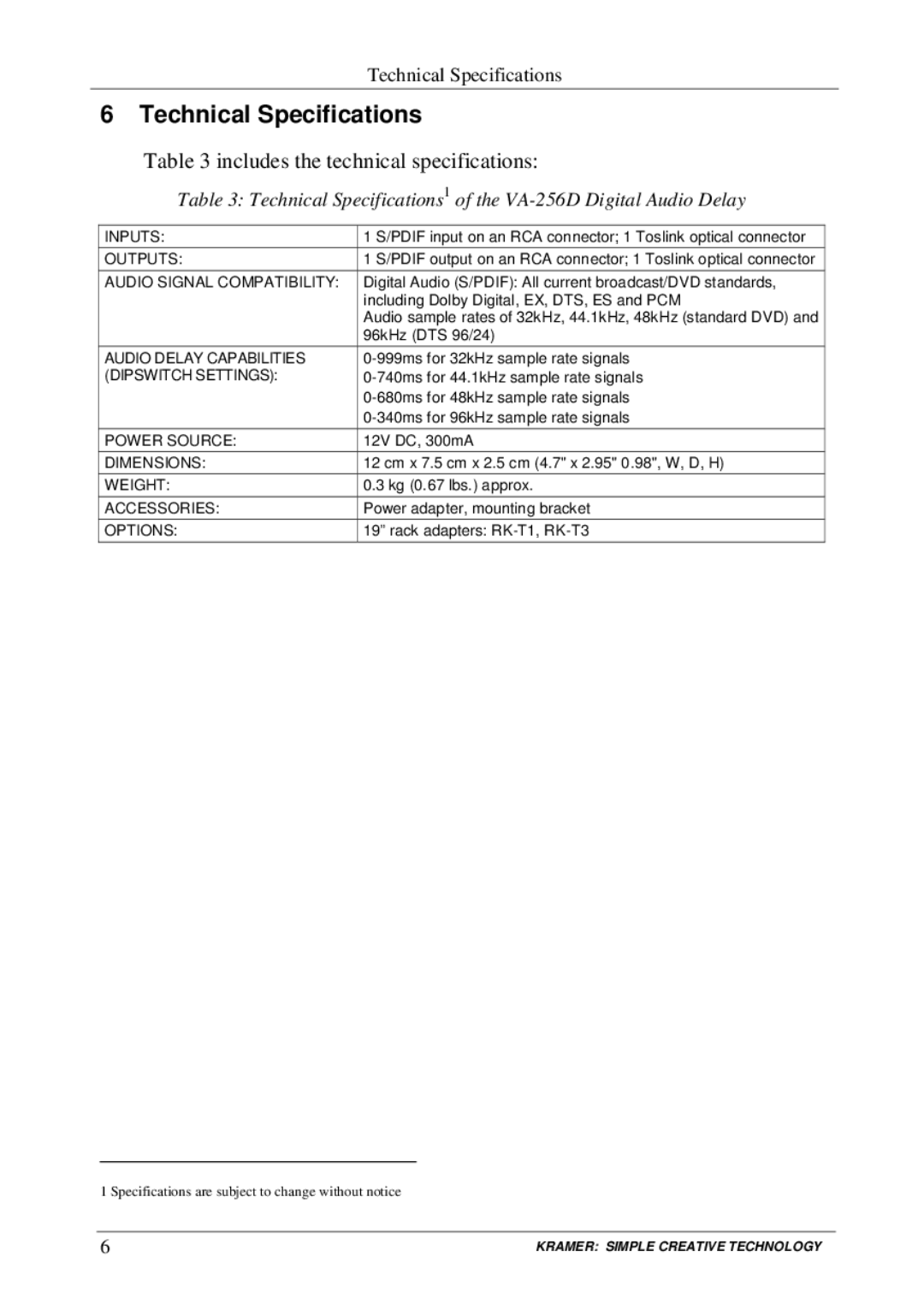 Kramer Electronics VA-256D user manual Technical Specifications, Includes the technical specifications 