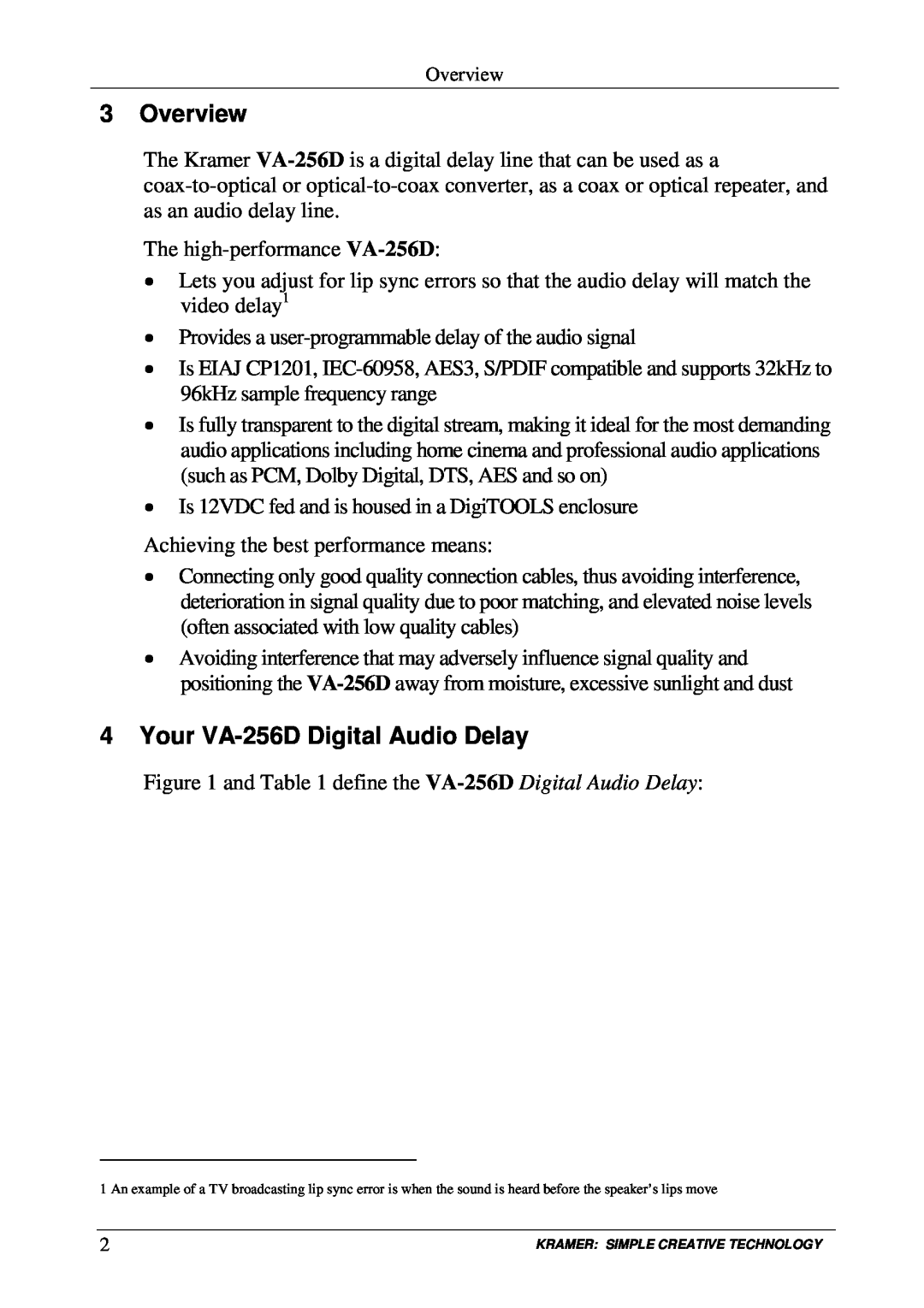 Kramer Electronics user manual Overview, Your VA-256DDigital Audio Delay 