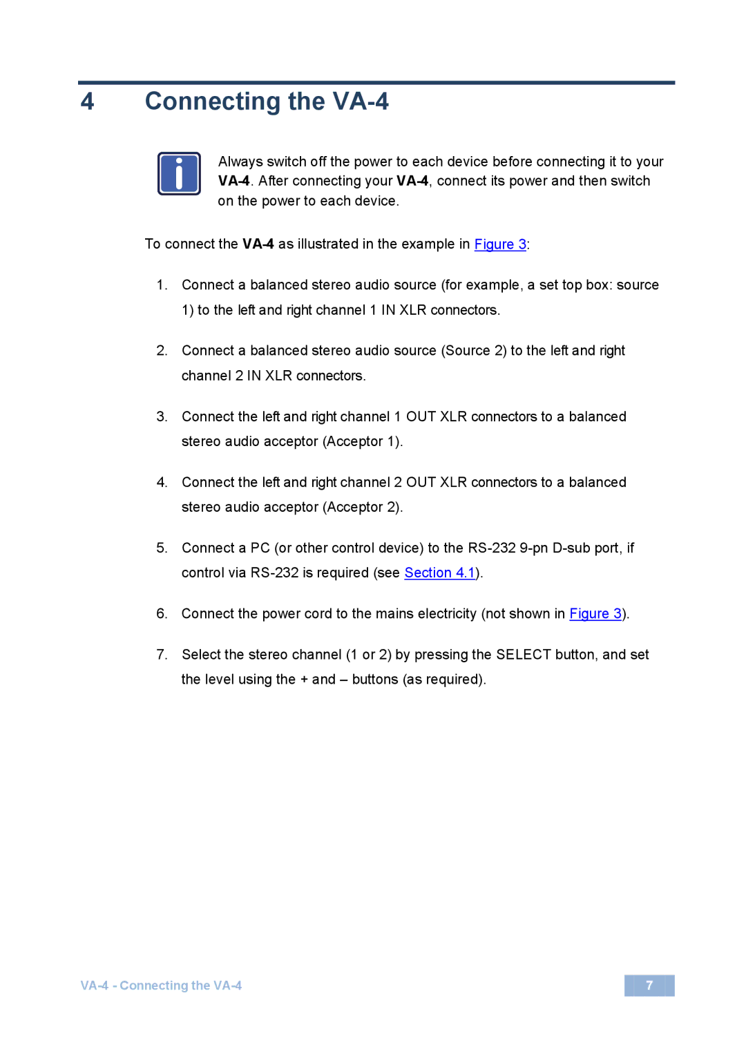 Kramer Electronics user manual Connecting the VA-4 