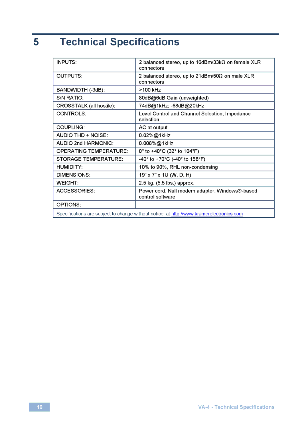 Kramer Electronics VA-4 user manual Technical Specifications 