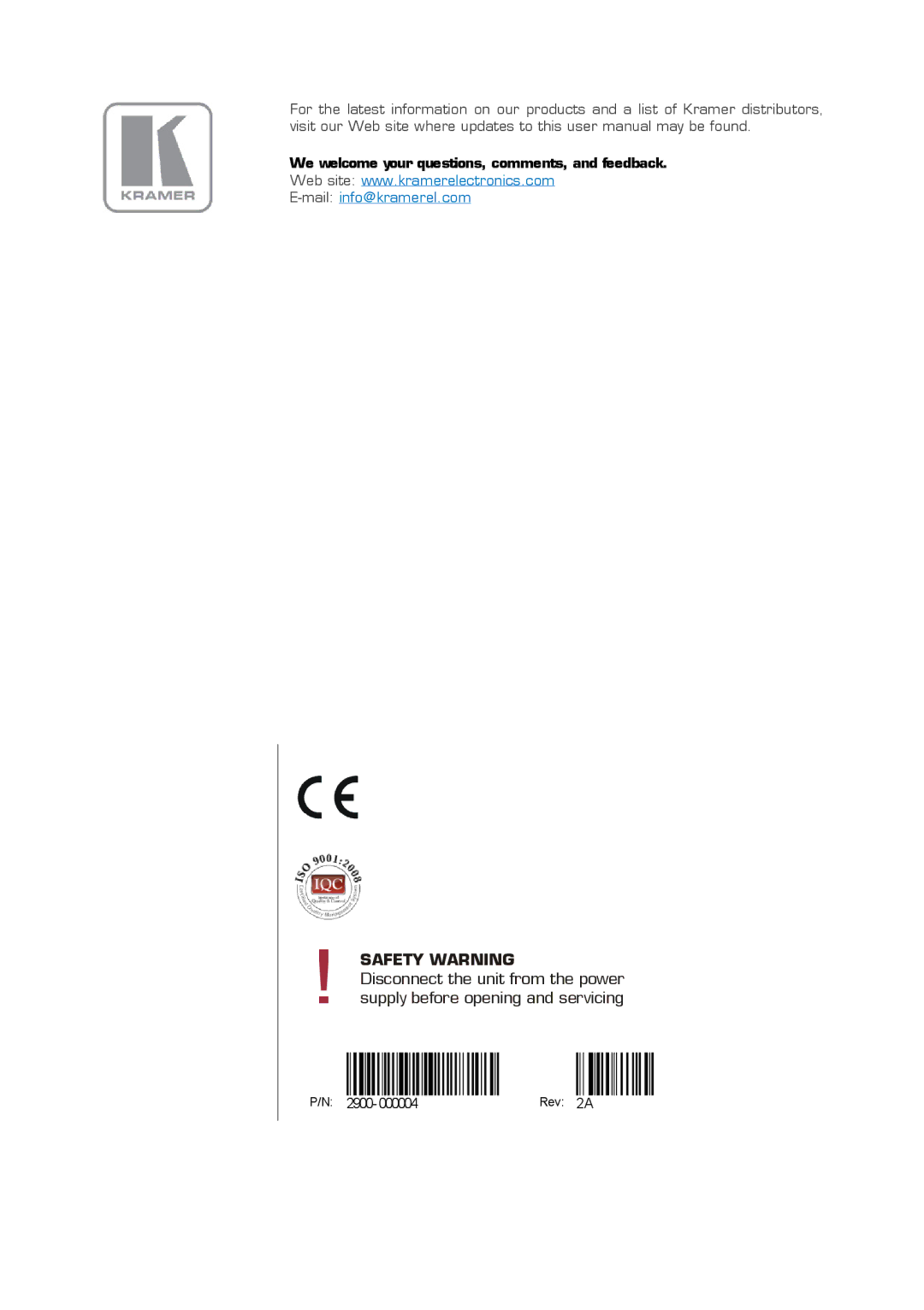 Kramer Electronics VA-4 user manual Safety Warning 