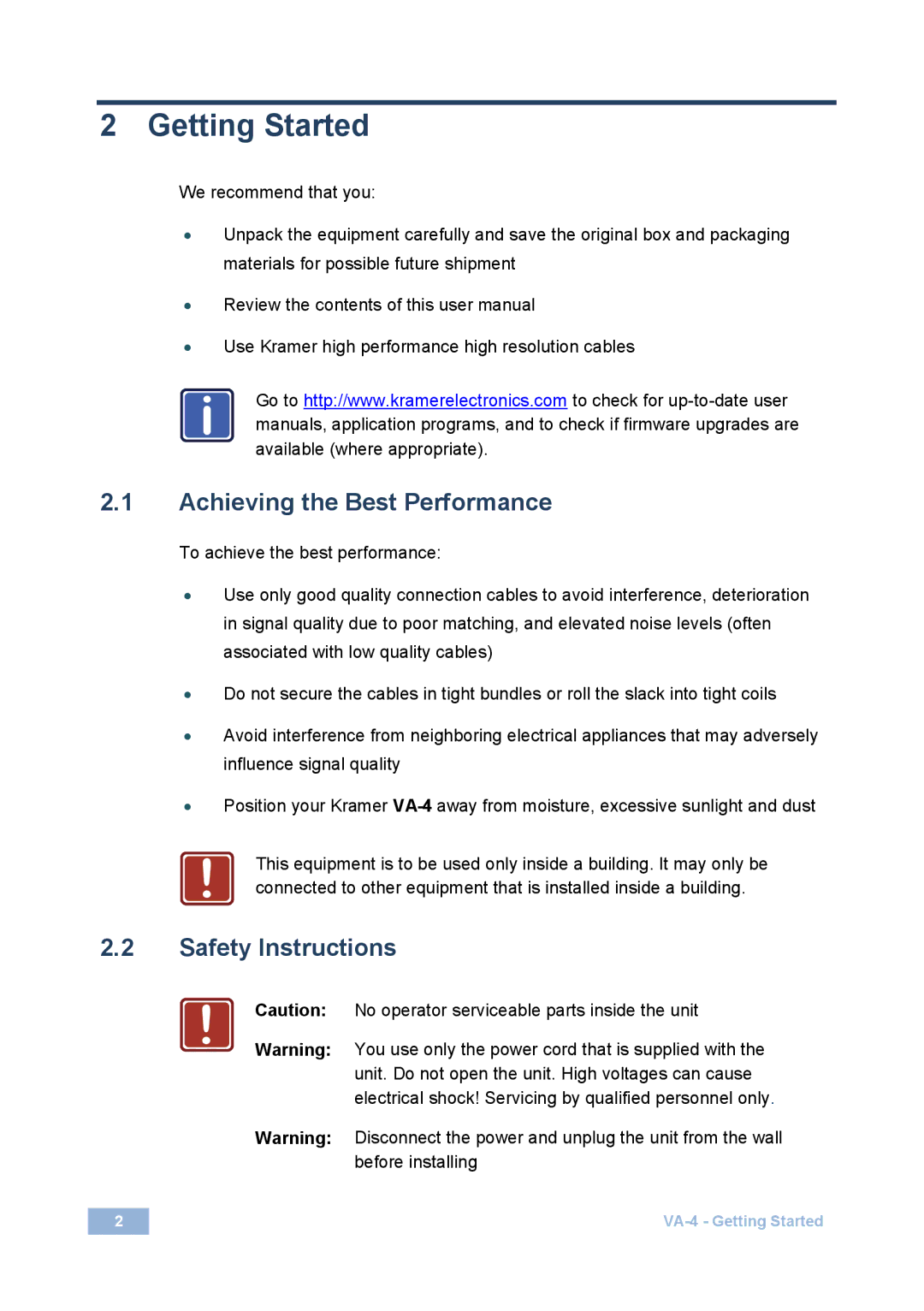 Kramer Electronics VA-4 user manual Getting Started, Achieving the Best Performance 