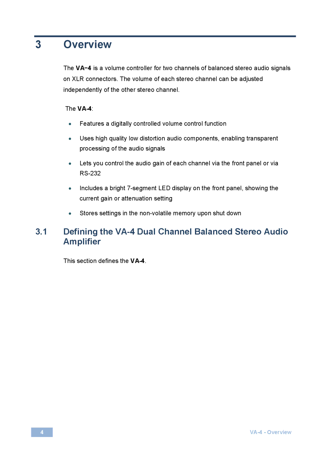 Kramer Electronics user manual Overview, This section defines the VA-4 