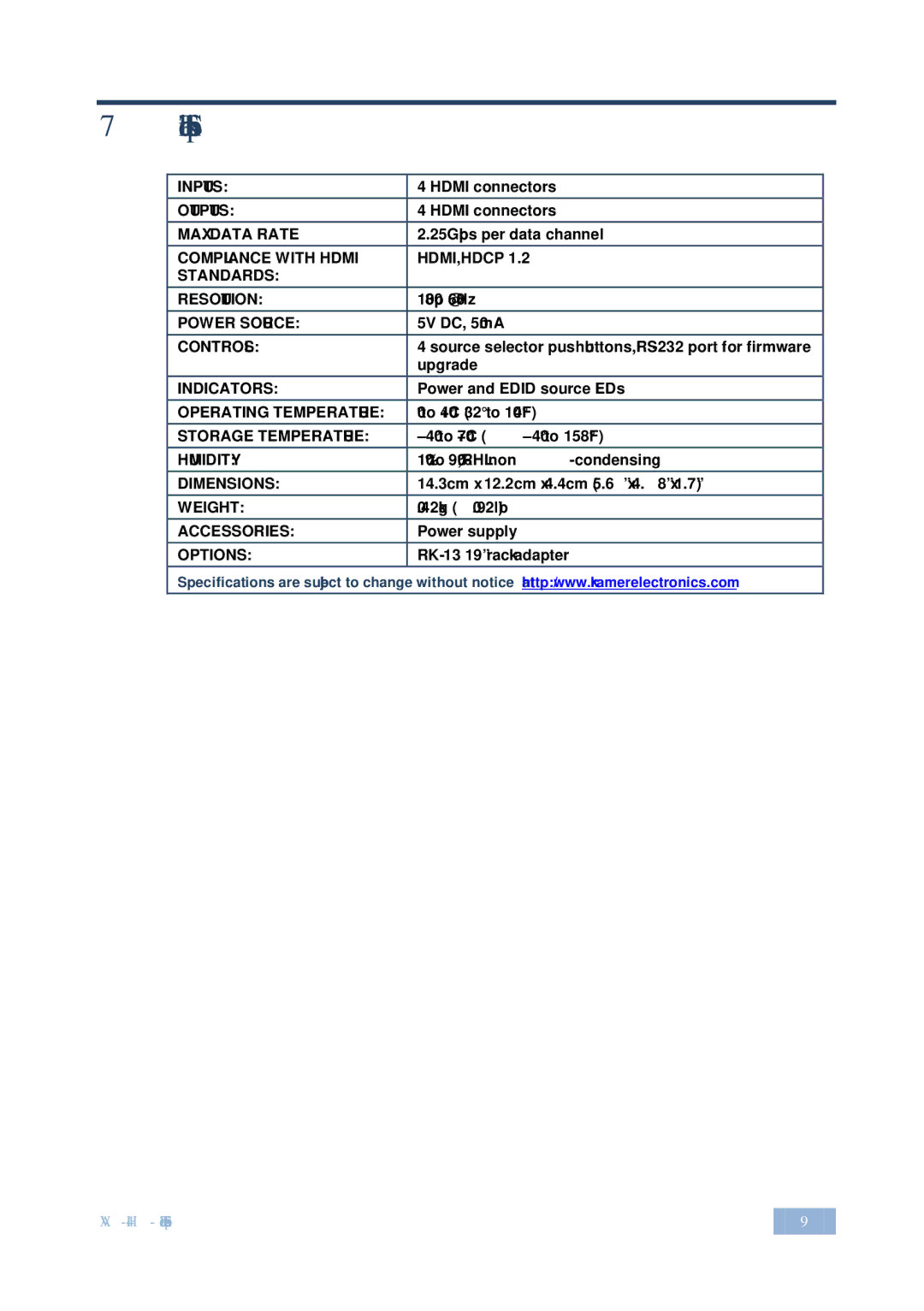 Kramer Electronics VA-4H user manual Technical Specifications 