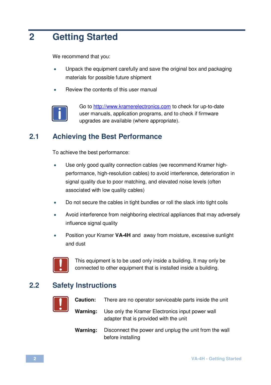 Kramer Electronics VA-4H user manual Getting Started, Achieving the Best Performance 