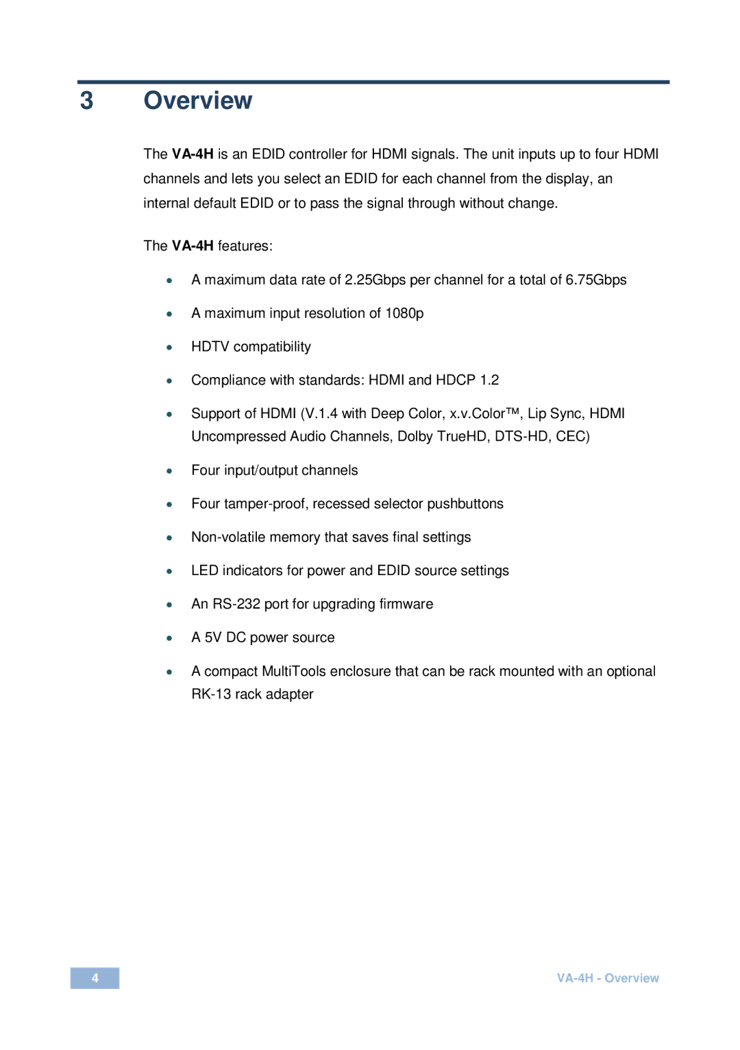 Kramer Electronics VA-4H user manual Overview 