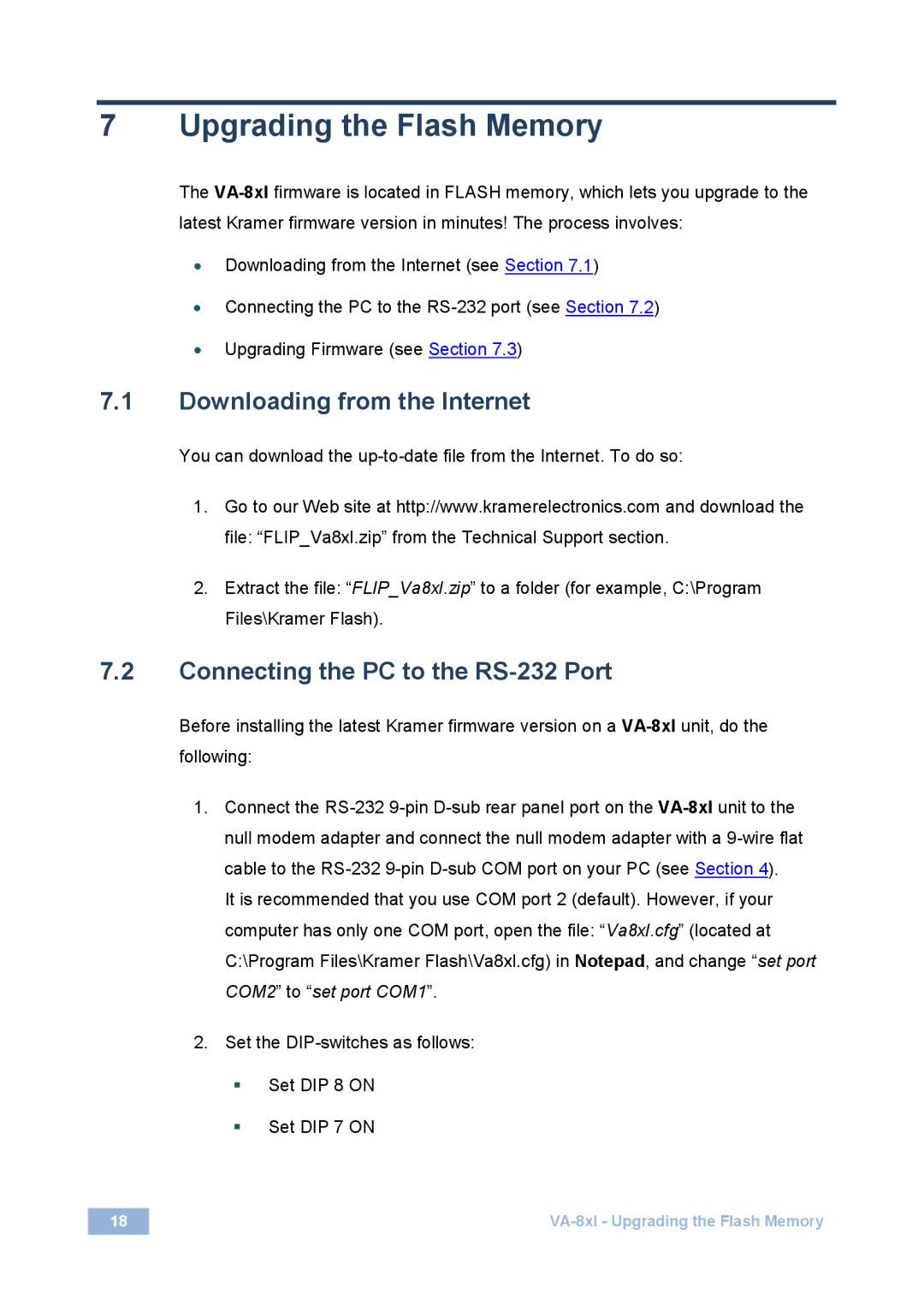Kramer Electronics VA-8xl Upgrading the Flash Memory, Downloading from the Internet, Connecting the PC to the RS-232 Port 