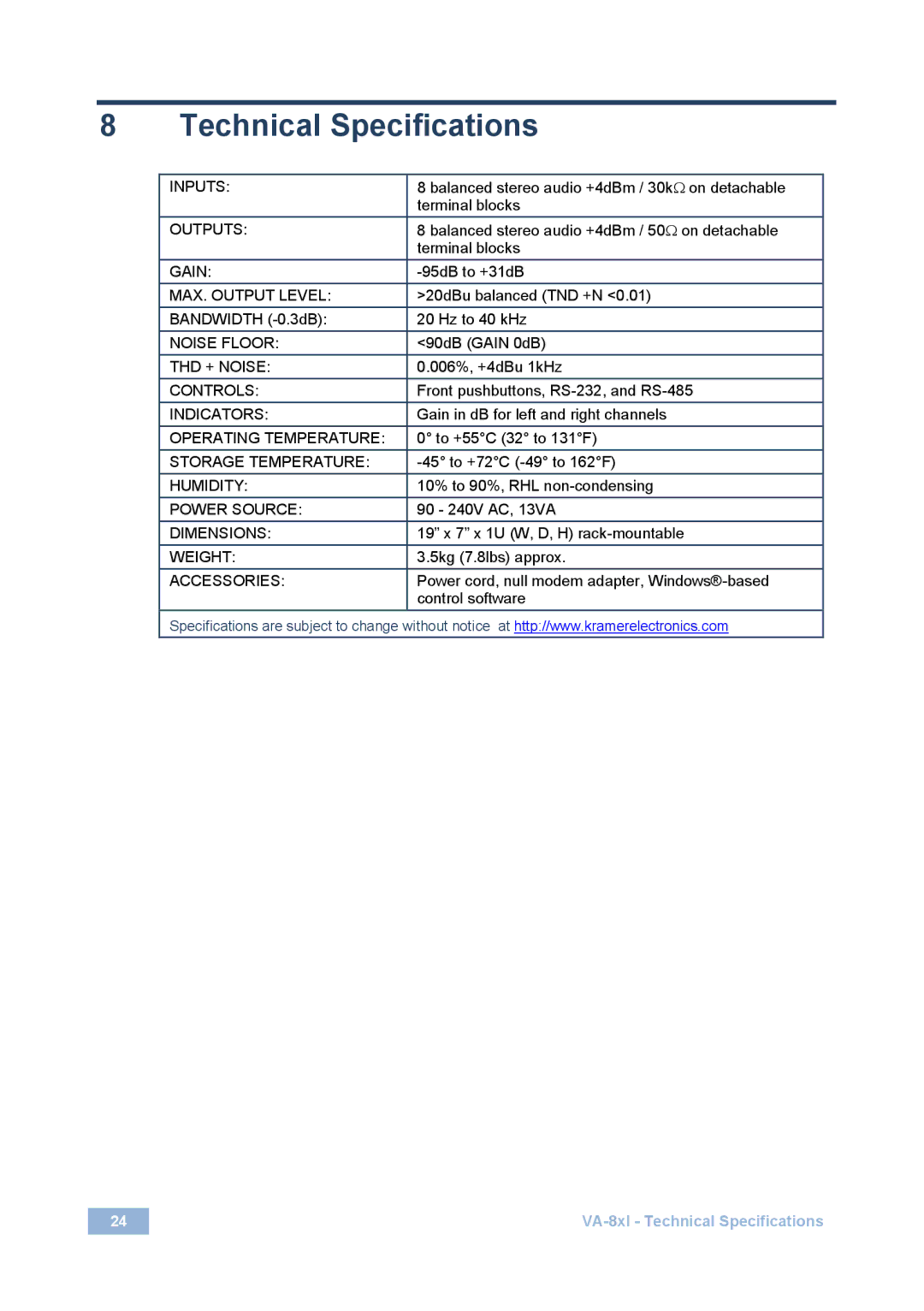 Kramer Electronics VA-8xl user manual Technical Specifications 