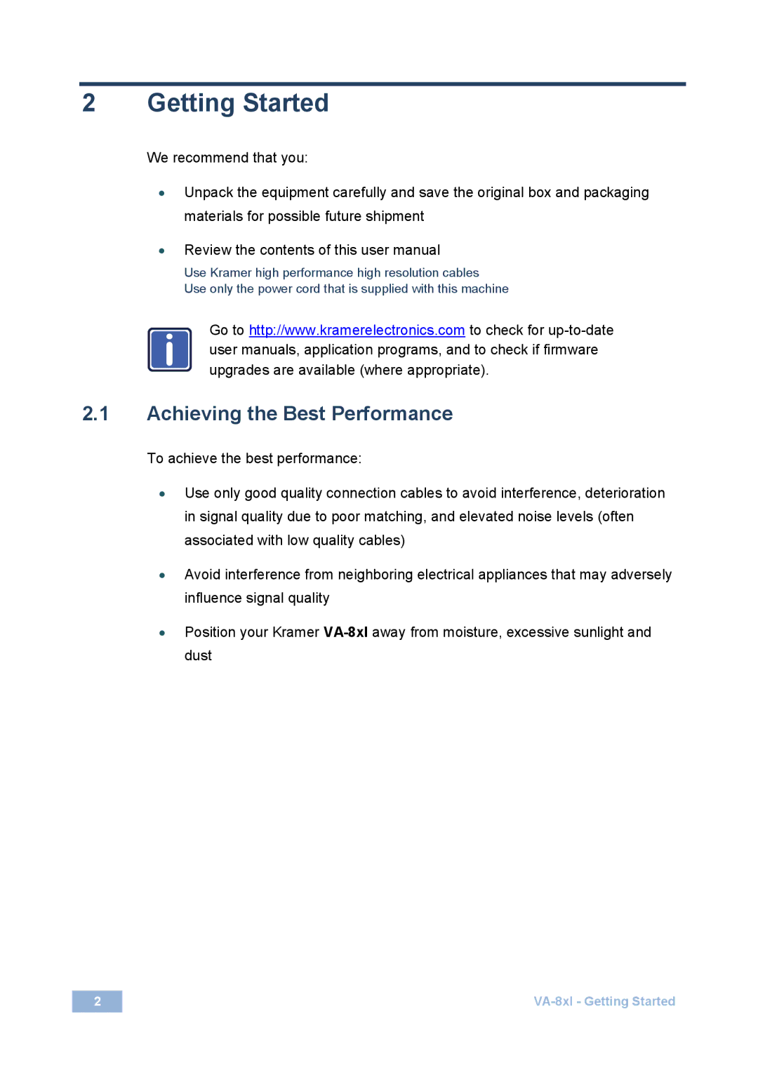 Kramer Electronics VA-8xl user manual Getting Started, Achieving the Best Performance 