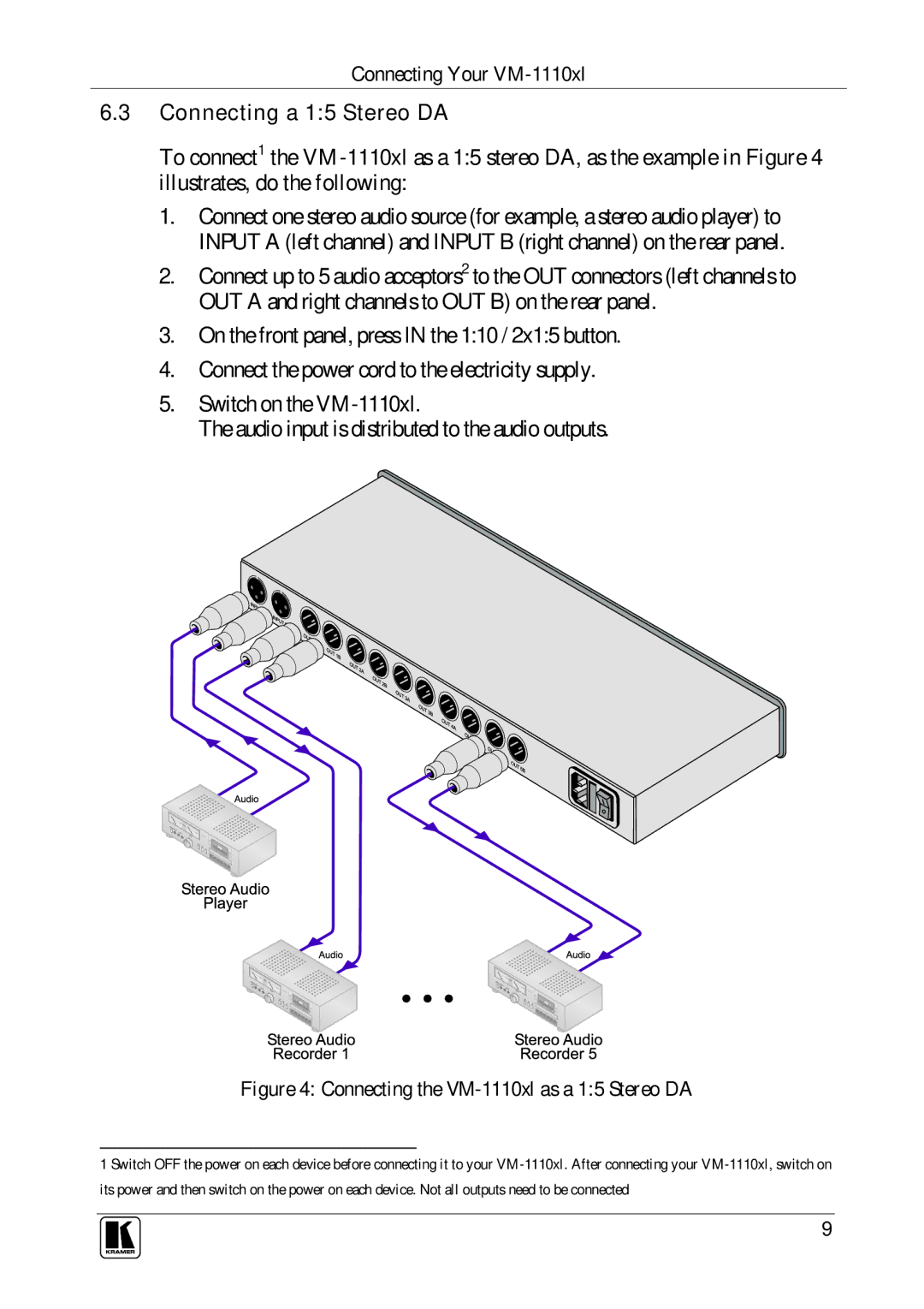 Kramer Electronics user manual MAG d, Connecting the VM-1110xl as a 15 Stereo DA 