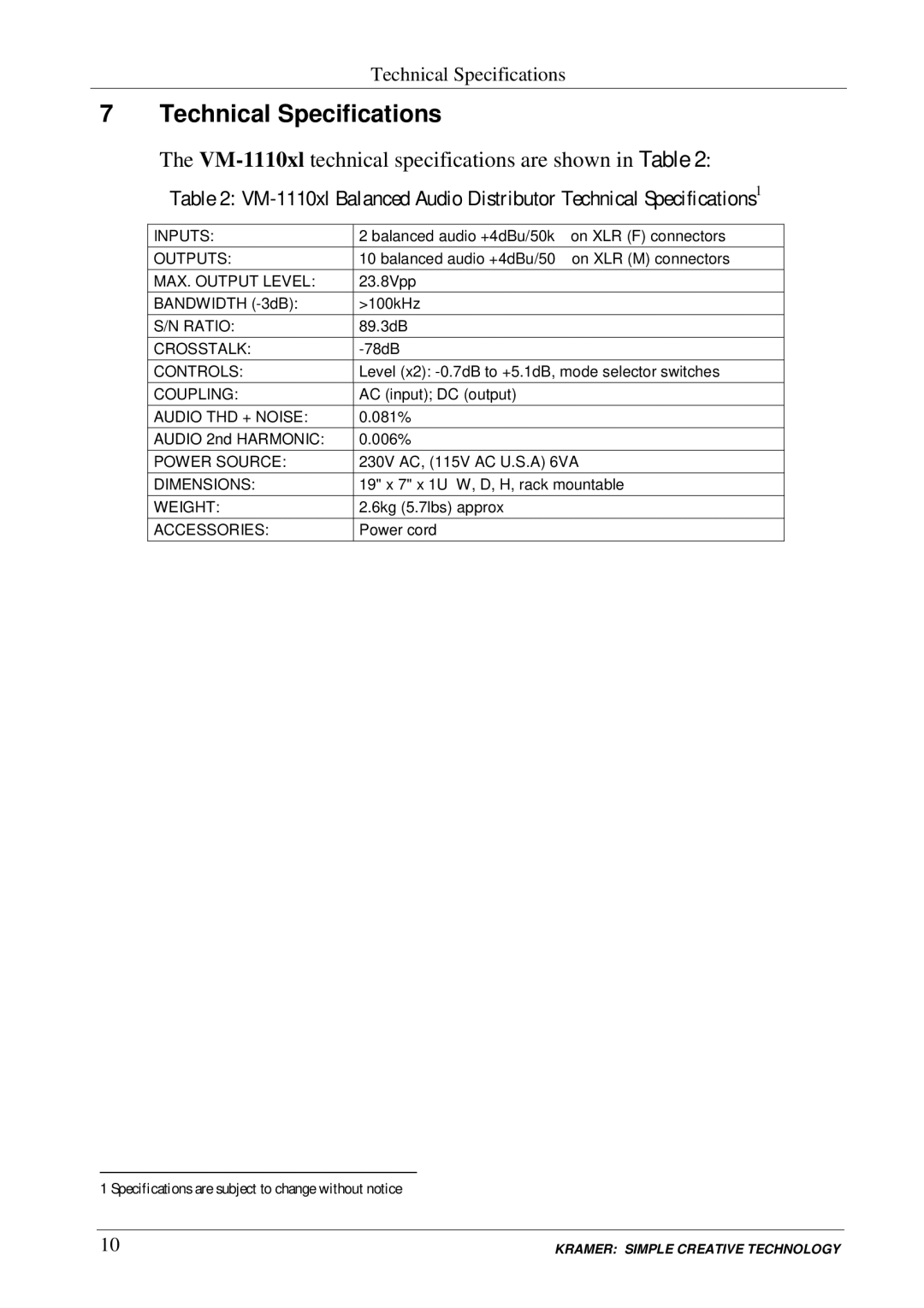 Kramer Electronics VM-1110xl user manual Xvyvt 