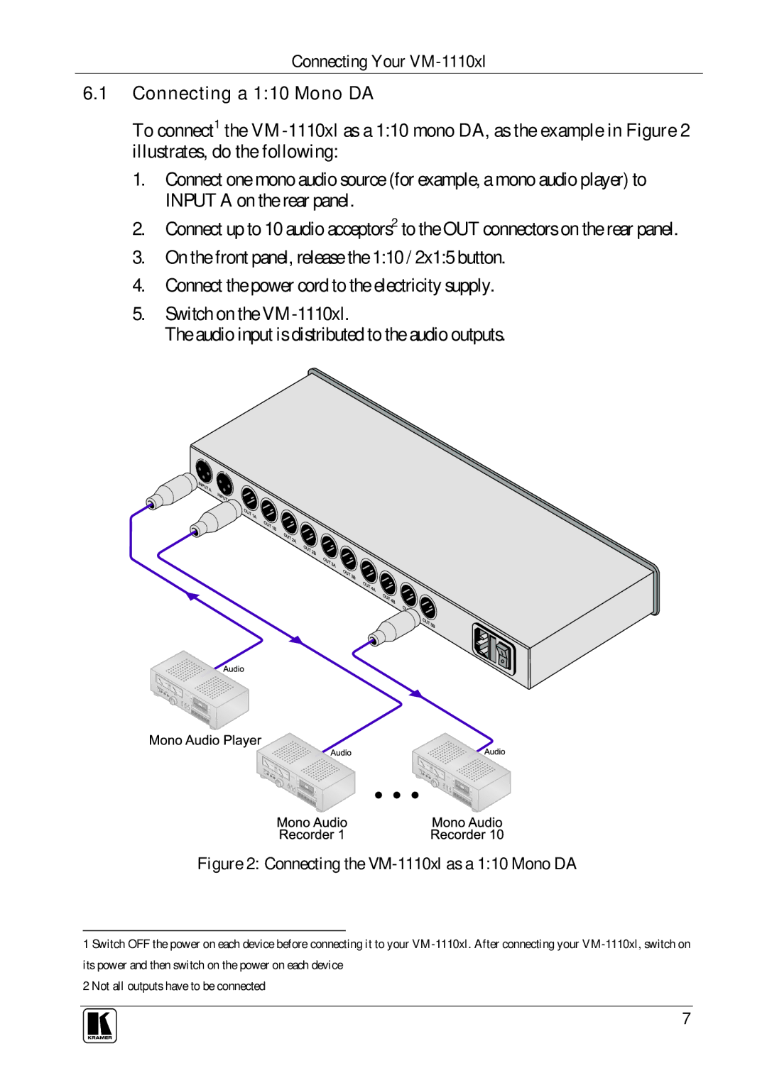 Kramer Electronics user manual MAD d Drdc o, Connecting the VM-1110xl as a 110 Mono DA 