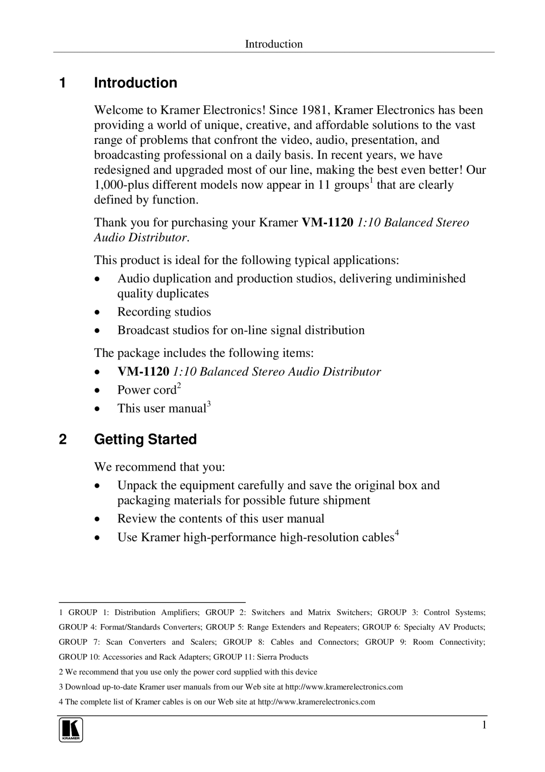 Kramer Electronics VM-1120 user manual Oe7??A 110 Balanced Stereo Audio Distributor 