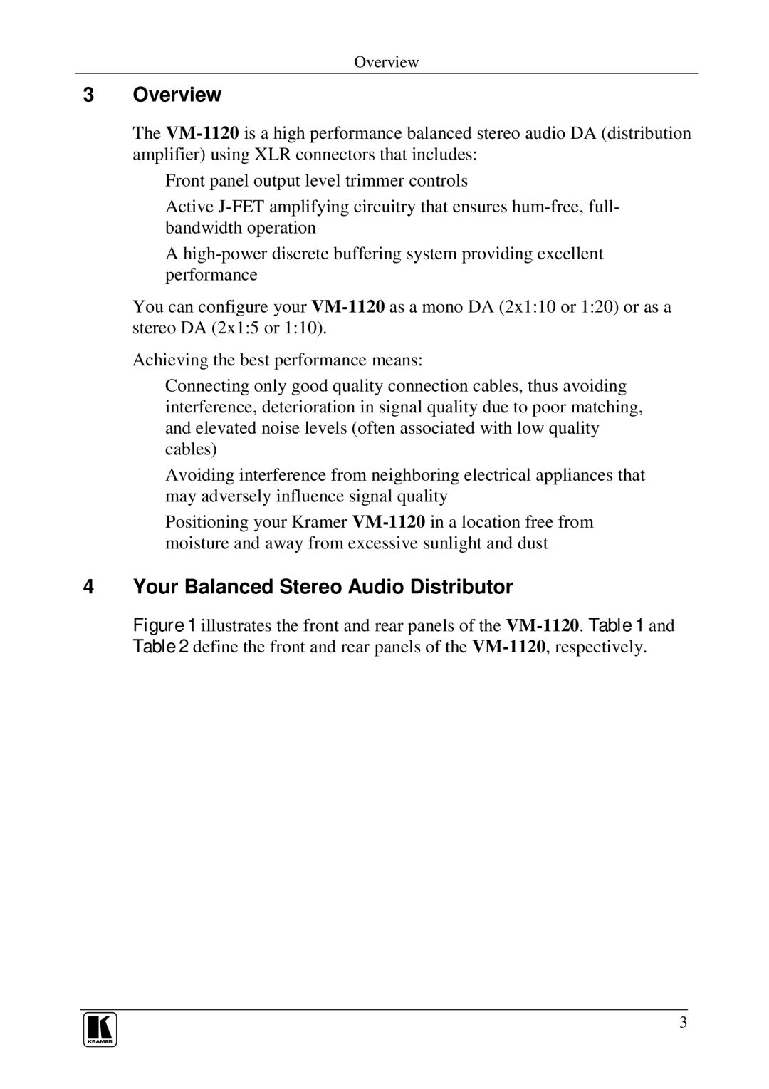 Kramer Electronics VM-1120 user manual Overview 