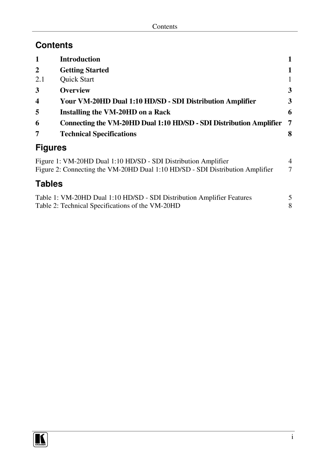 Kramer Electronics VM-20HD user manual Contents, Tables 