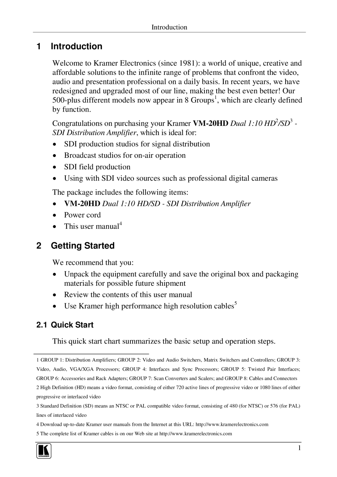 Kramer Electronics VM-20HD user manual Introduction, Getting Started 