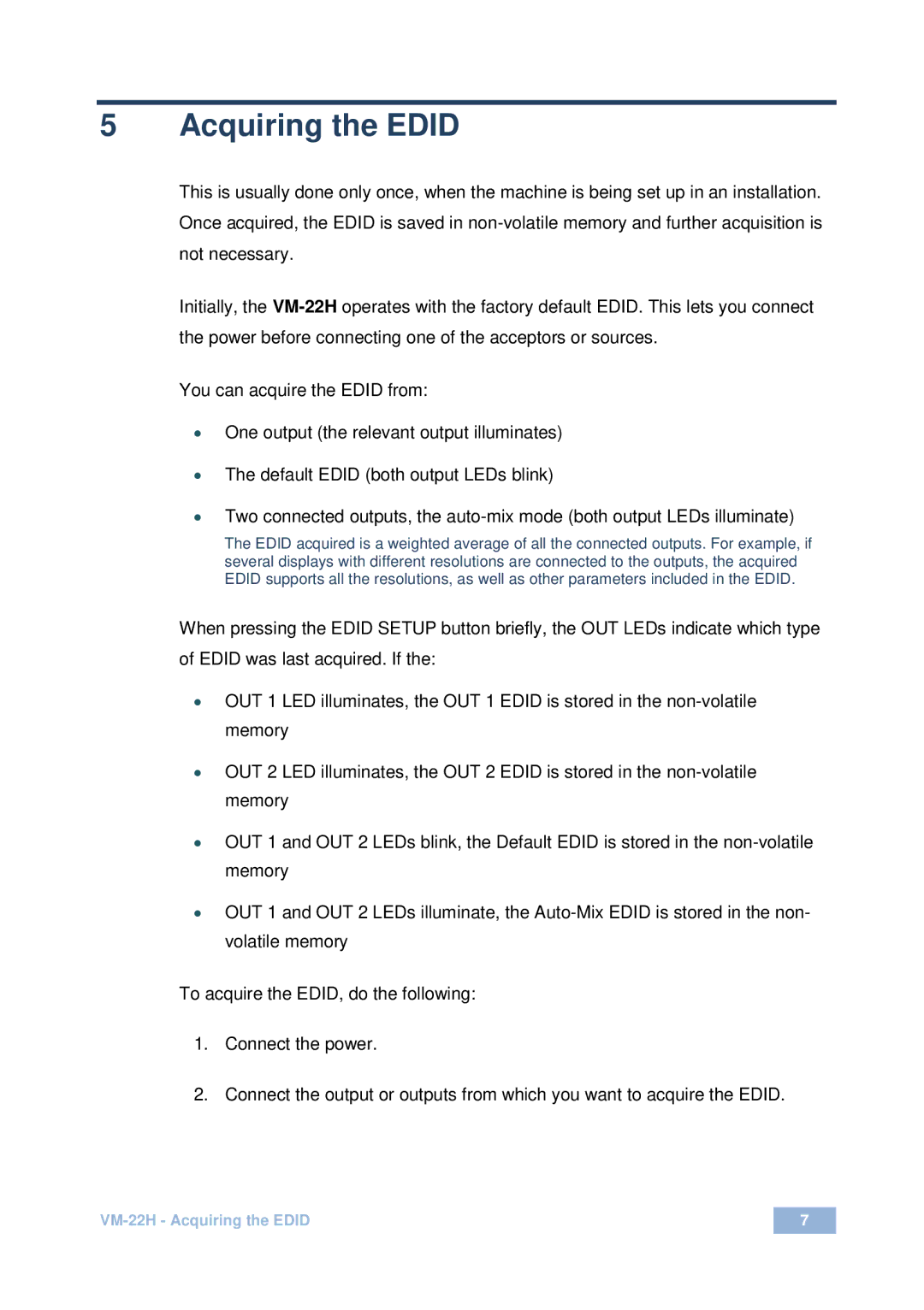 Kramer Electronics VM-22H user manual Acquiring the Edid 