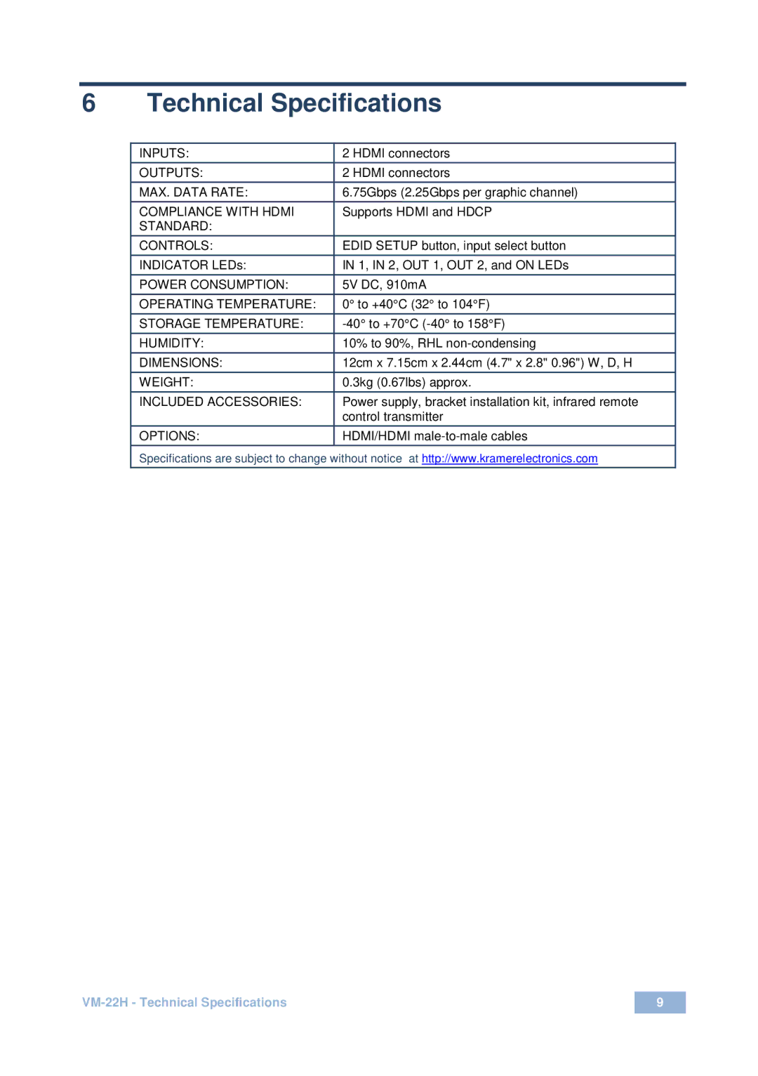 Kramer Electronics VM-22H user manual Technical Specifications 