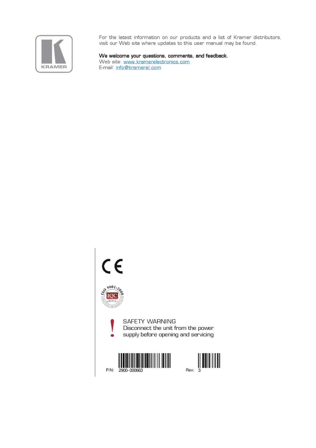 Kramer Electronics VM-22H user manual Safety Warning 