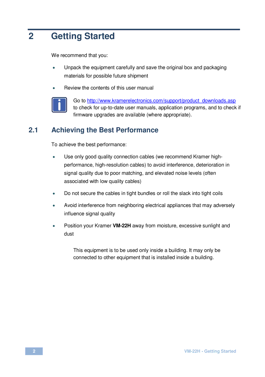 Kramer Electronics VM-22H user manual Getting Started, Achieving the Best Performance 