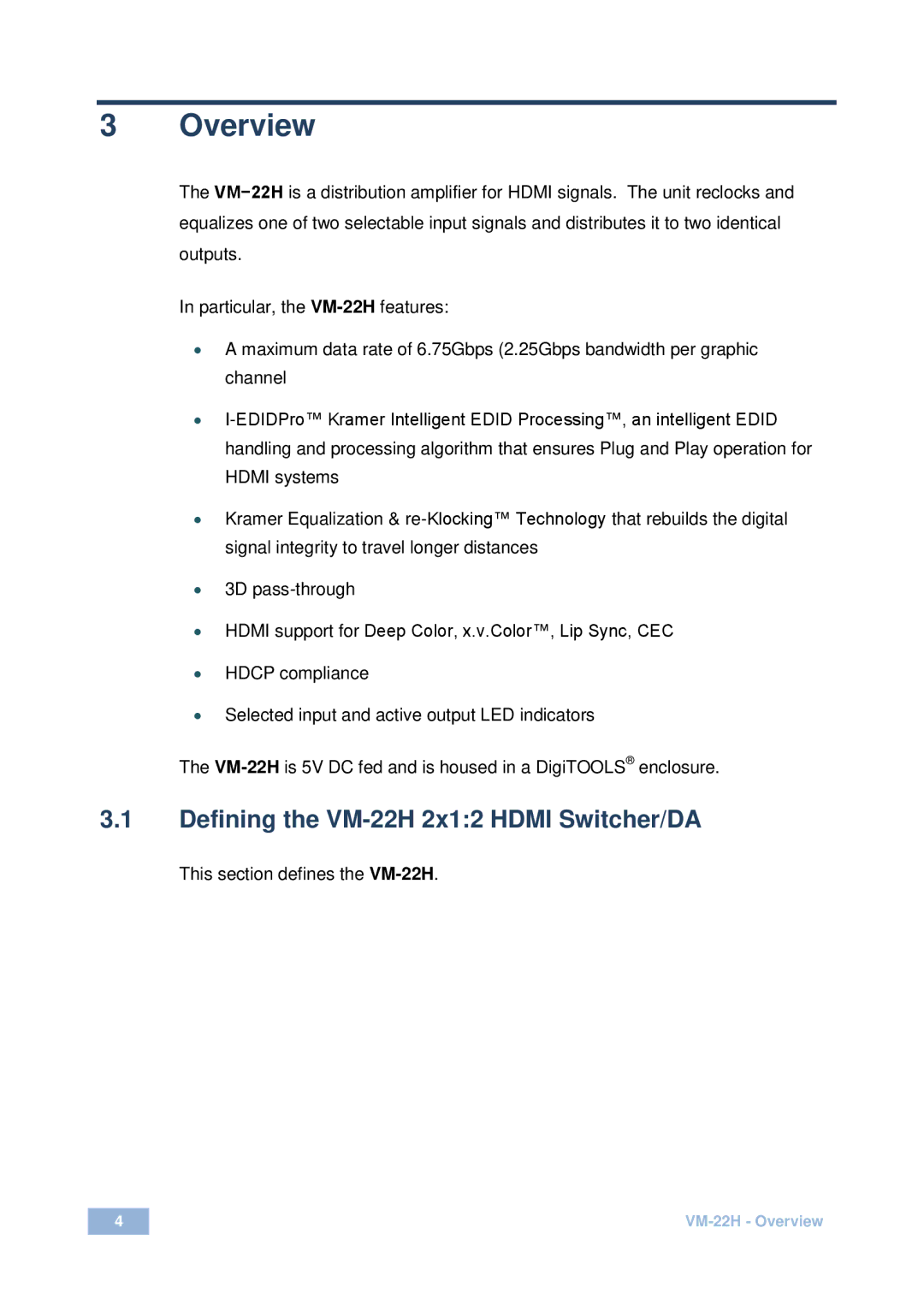 Kramer Electronics user manual Overview, Defining the VM-22H 2x12 Hdmi Switcher/DA 