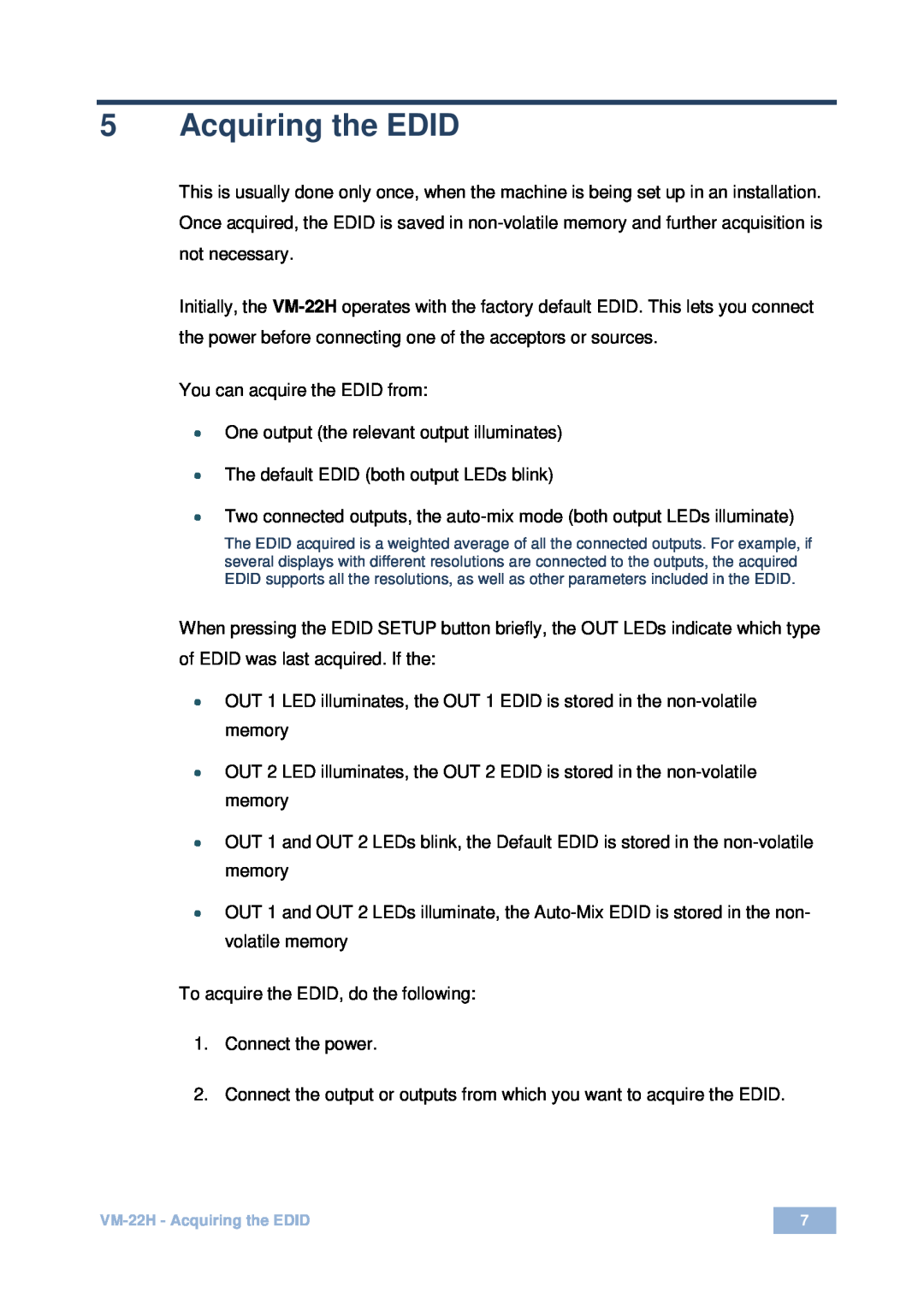 Kramer Electronics VM-22H user manual Acquiring the EDID 