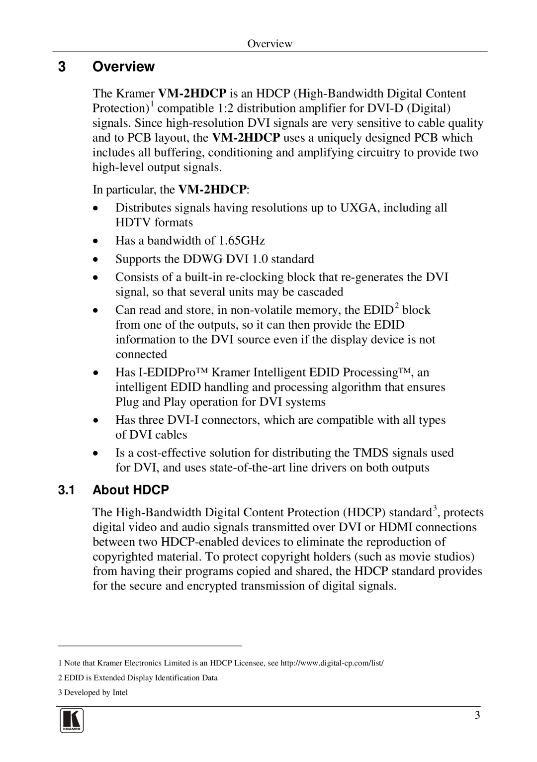 Kramer Electronics VM-2HDCP user manual Overview, About Hdcp 