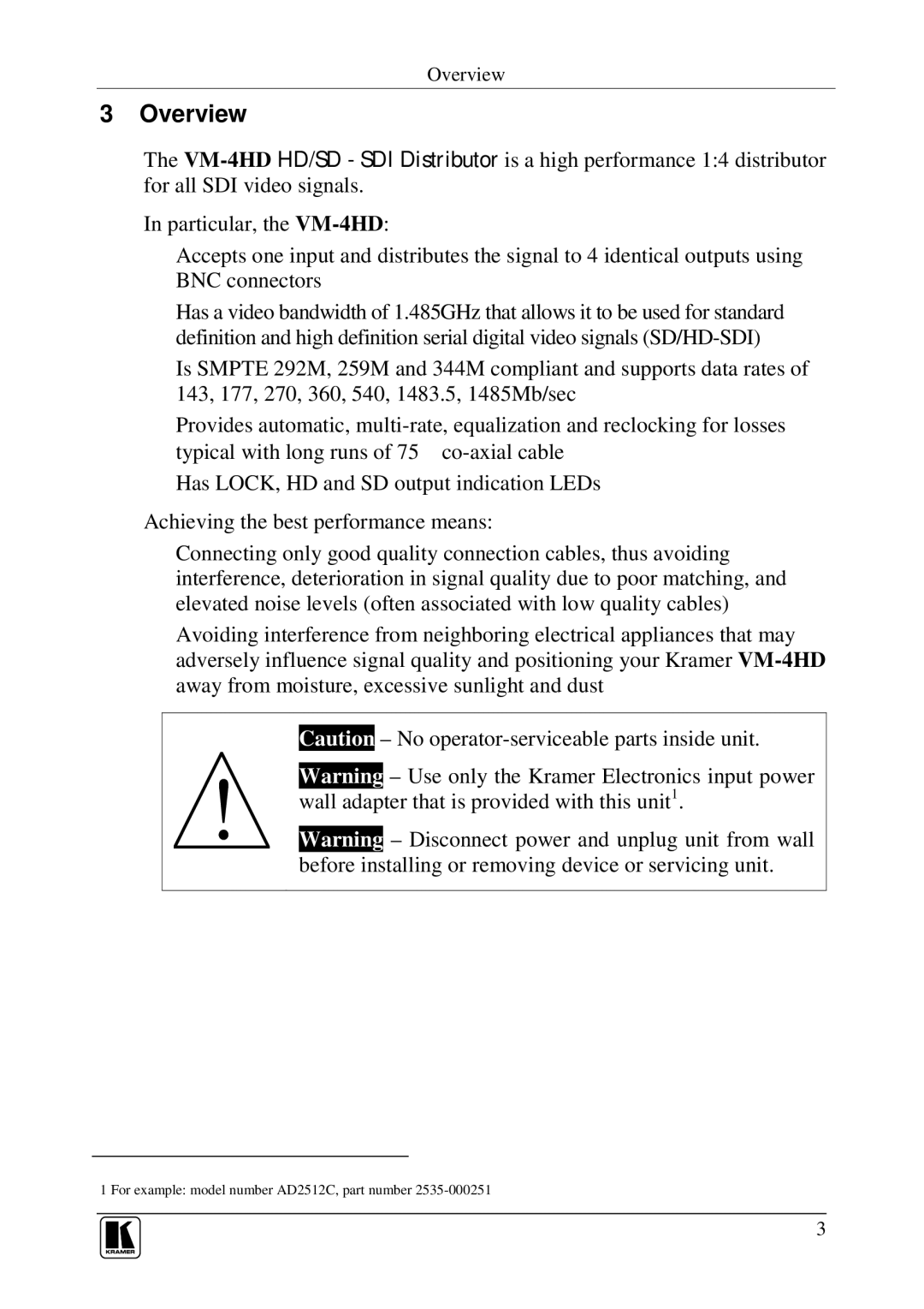 Kramer Electronics VM-4HD user manual Overview 