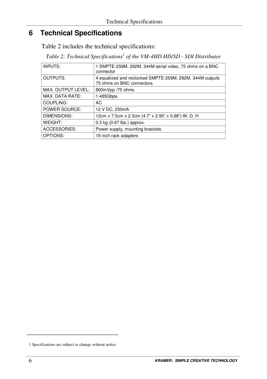 Kramer Electronics VM-4HD user manual Includes the technical specifications 