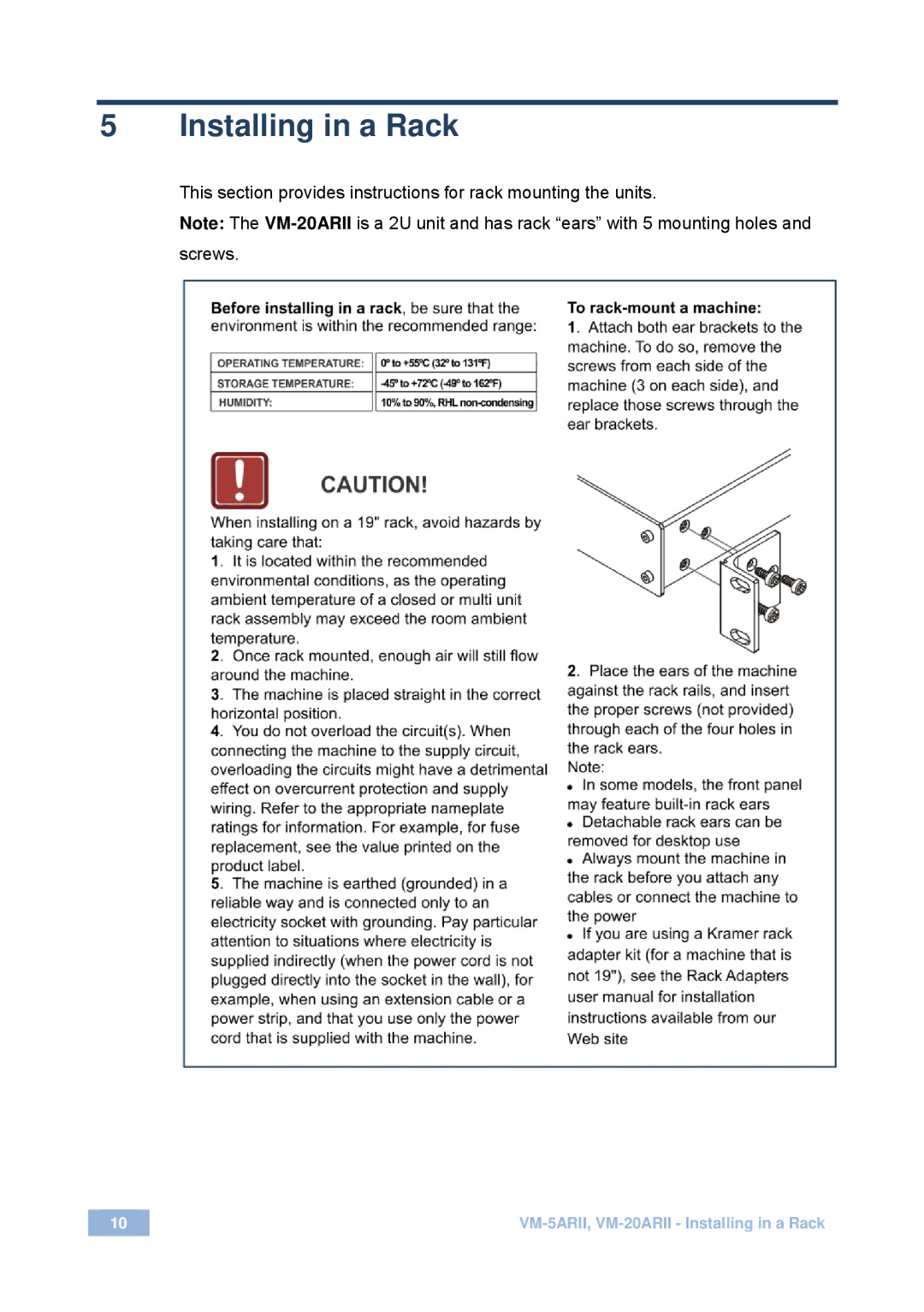 Kramer Electronics VM-5ARII user manual Installing in a Rack 