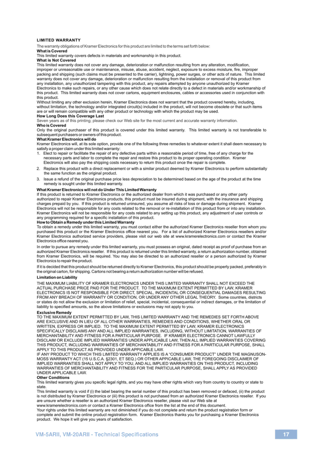 Kramer Electronics user manual VM-5ARII, VM-20ARII Technical Specifications 