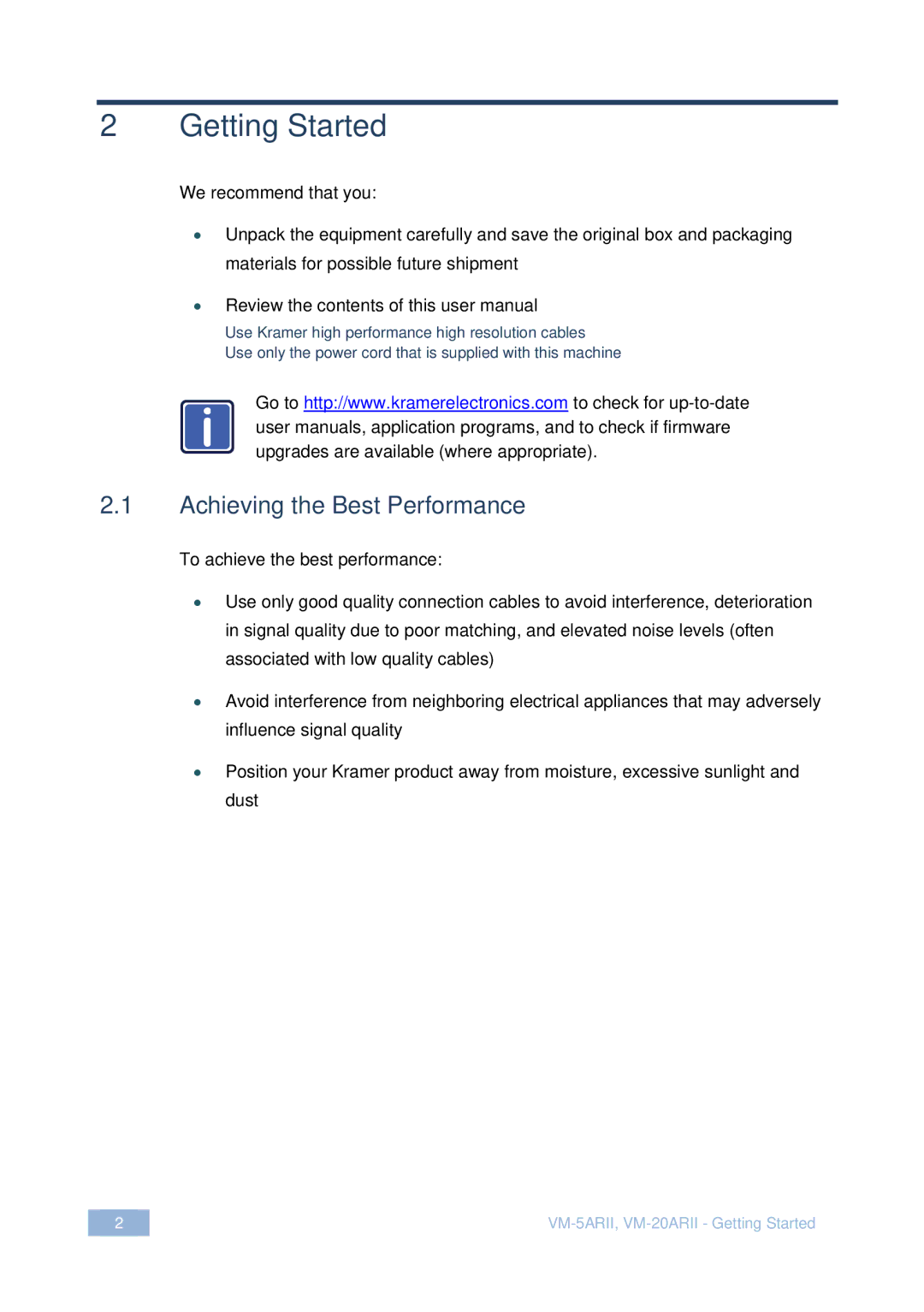 Kramer Electronics VM-5ARII user manual Getting Started, Achieving the Best Performance 