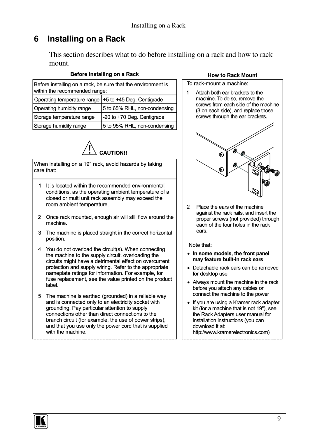 Kramer Electronics VM-92 user manual Installing on a Rack 