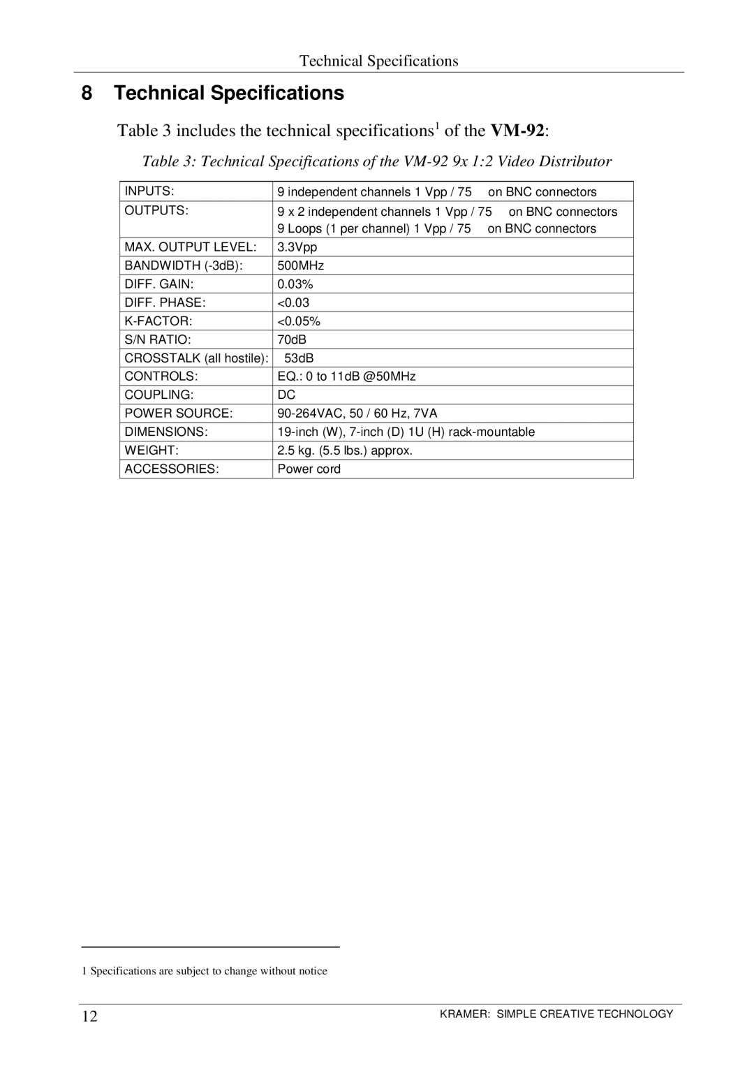 Kramer Electronics VM-92 user manual Includes the technical specifications1 of the pf7IA 