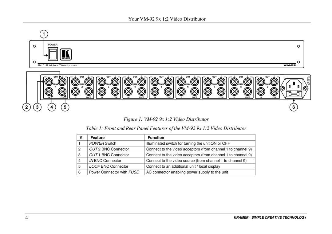 Kramer Electronics user manual Your VM-92 9x 12 Video Distributor 