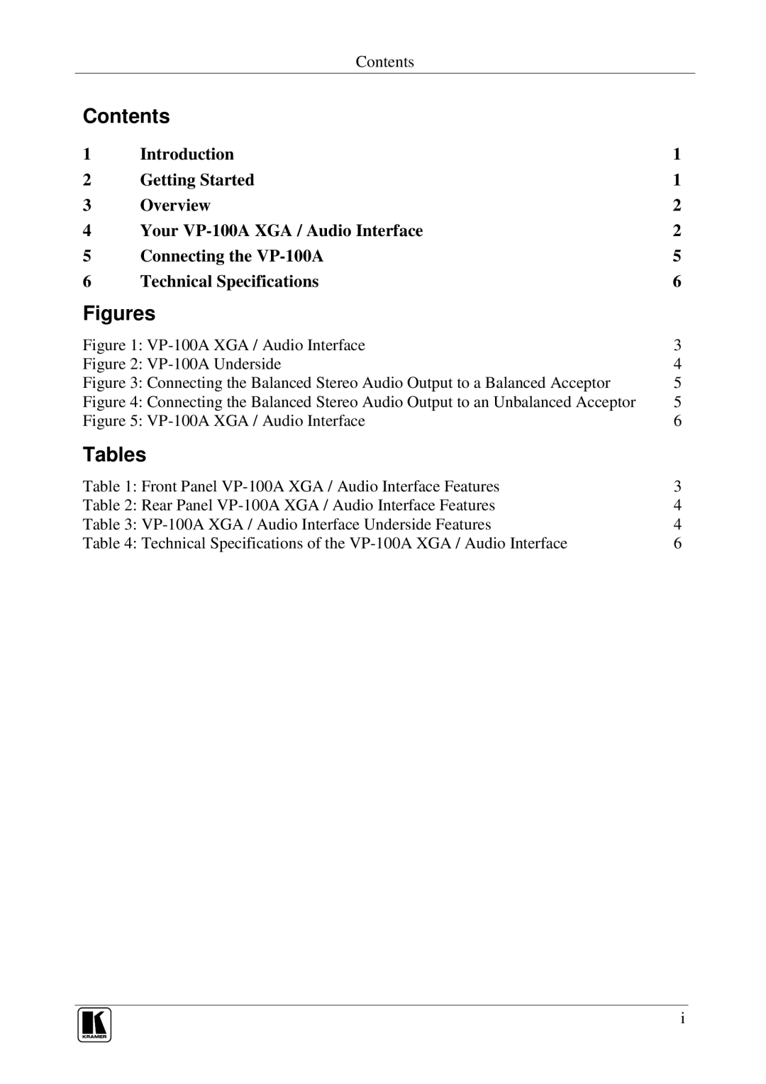 Kramer Electronics VP-100A user manual Contents, Tables 