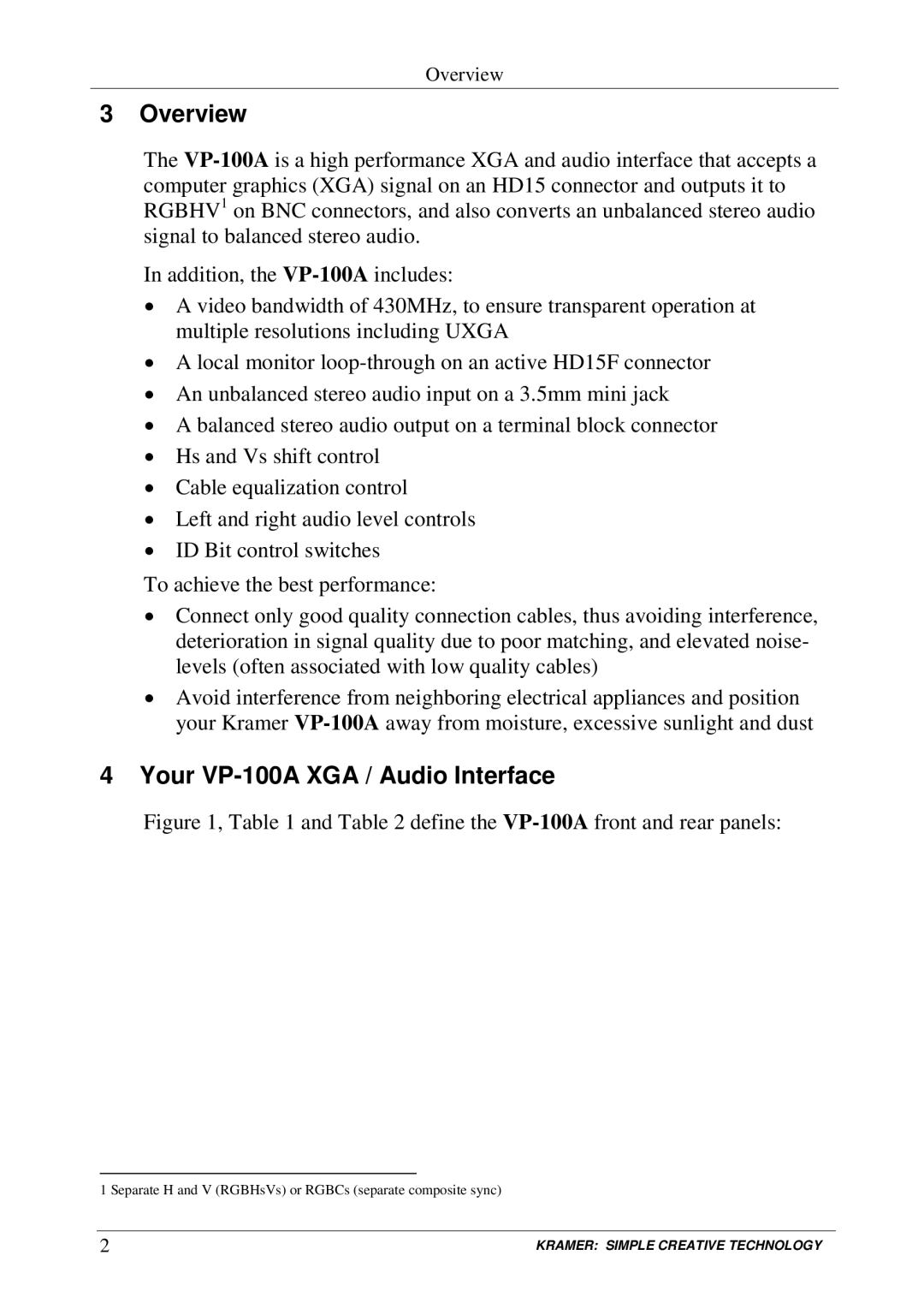 Kramer Electronics user manual Overview, Your VP-100A XGA / Audio Interface 