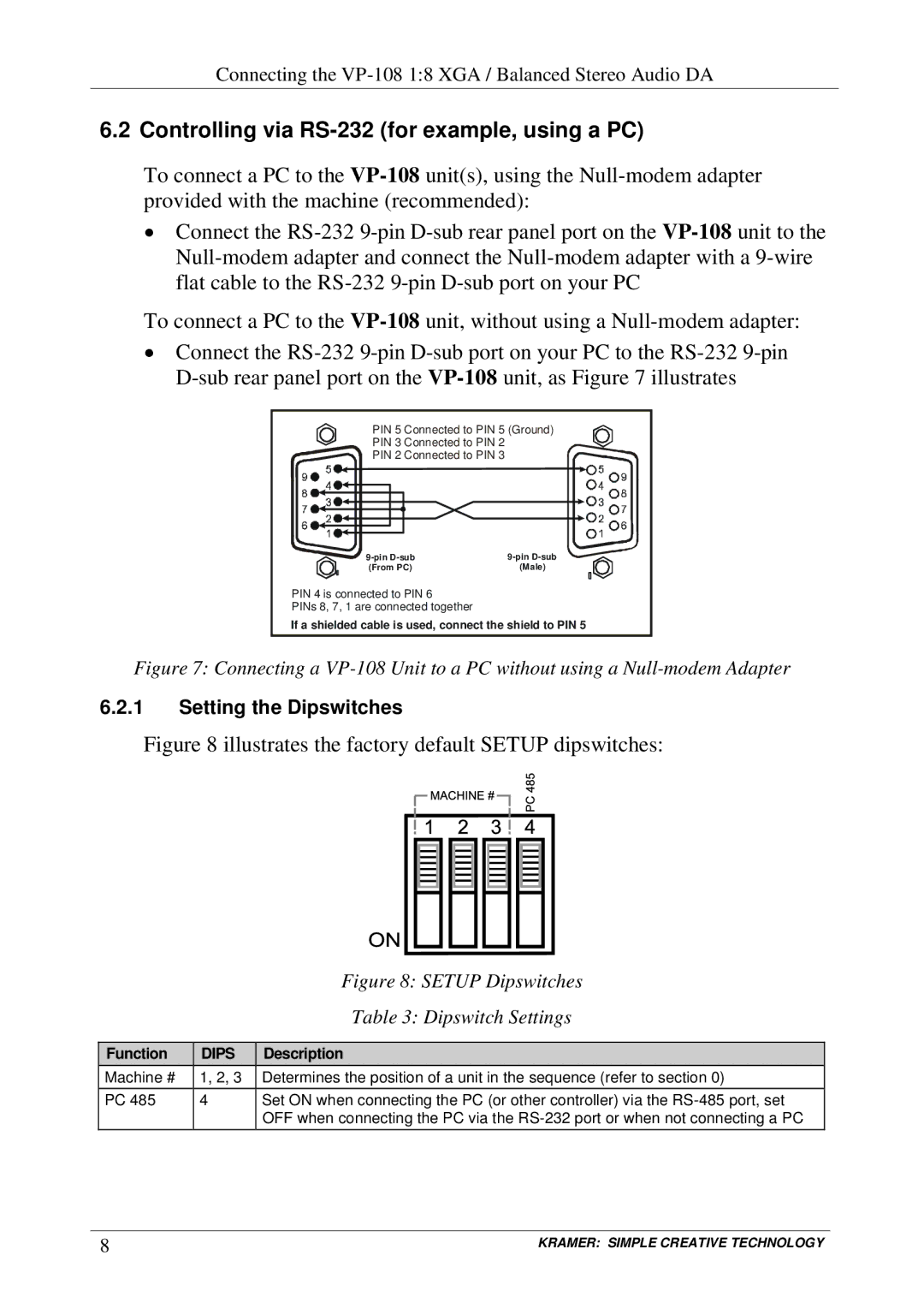 Kramer Electronics VP-108 user manual Controlling via RS-232 for example, using a PC 