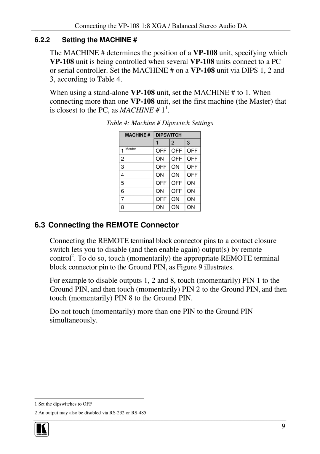 Kramer Electronics VP-108 user manual Connecting the Remote Connector 