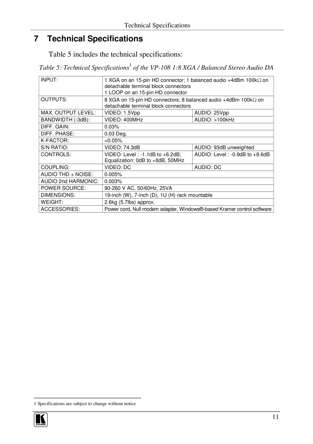 Kramer Electronics VP-108 user manual Technical Specifications, Includes the technical specifications 