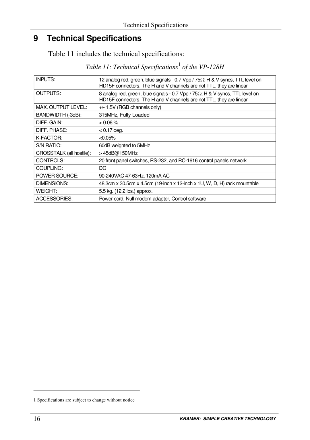 Kramer Electronics VP-128H user manual Technical Specifications, Includes the technical specifications 