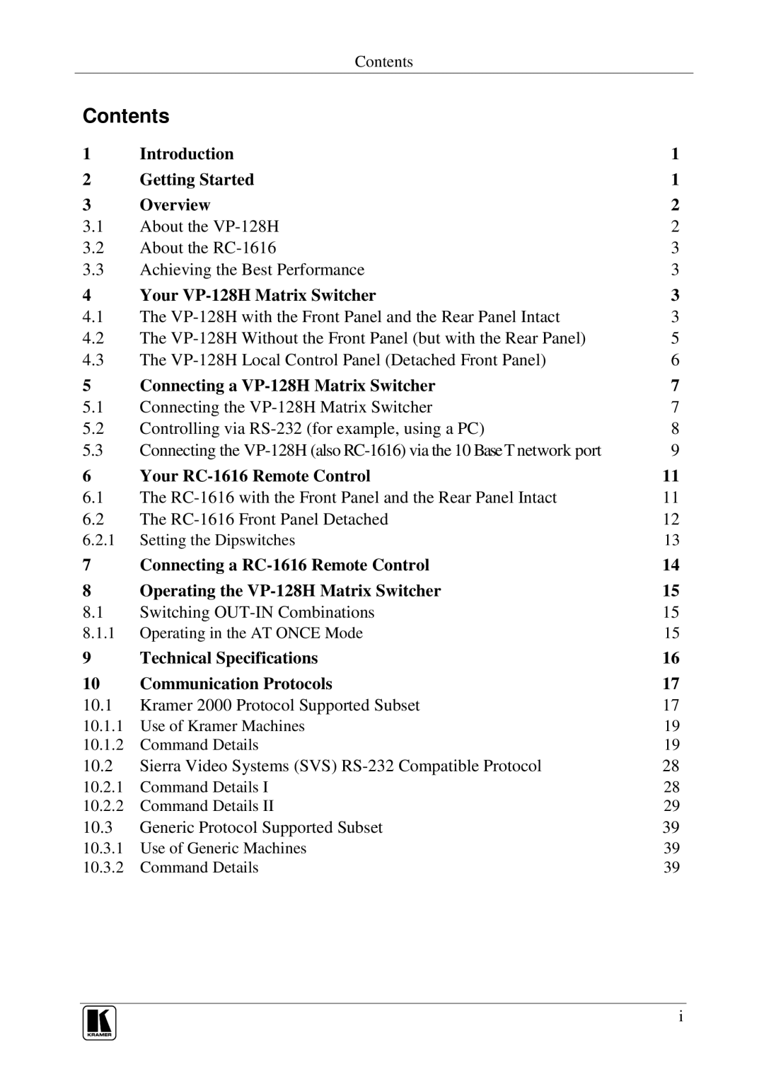 Kramer Electronics VP-128H user manual Contents 