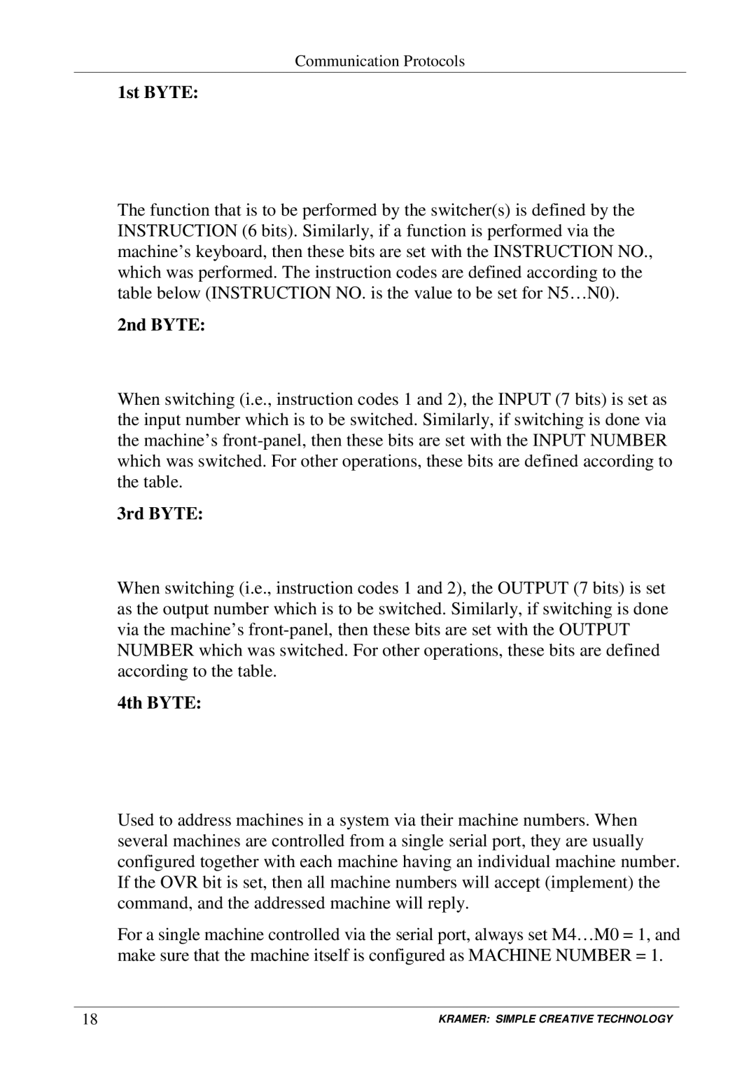 Kramer Electronics VP-128H user manual 1st Byte, 2nd Byte, 3rd Byte, 4th Byte 