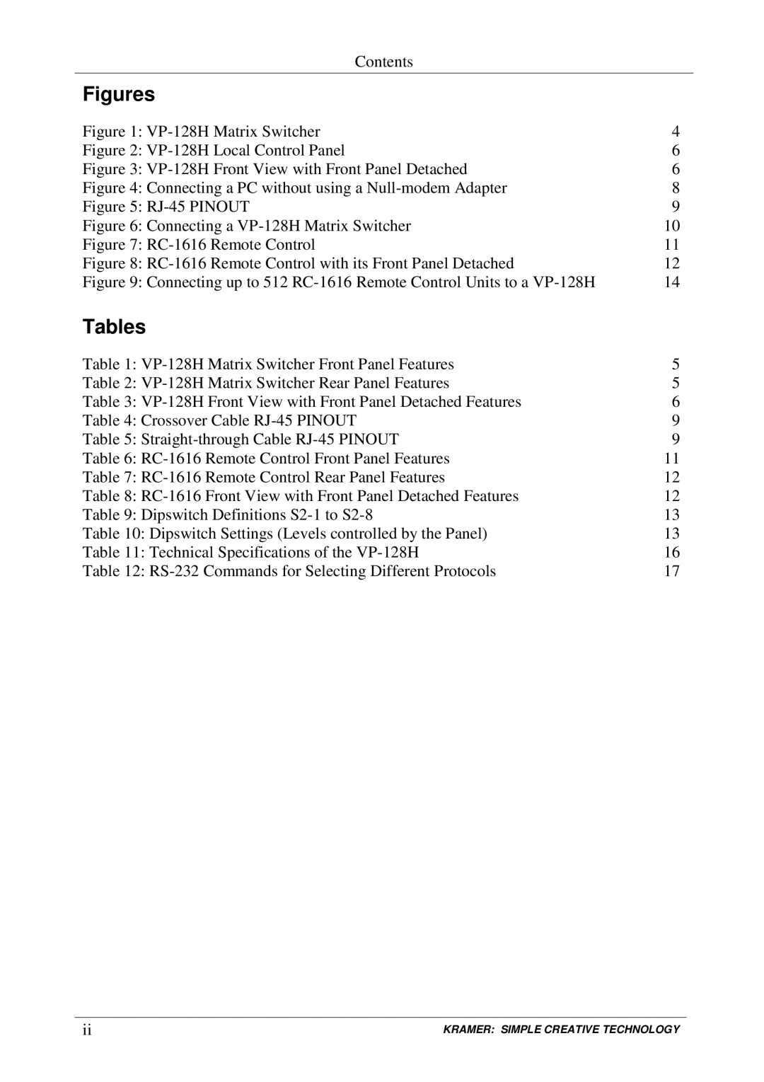 Kramer Electronics VP-128H user manual Figures, Tables 