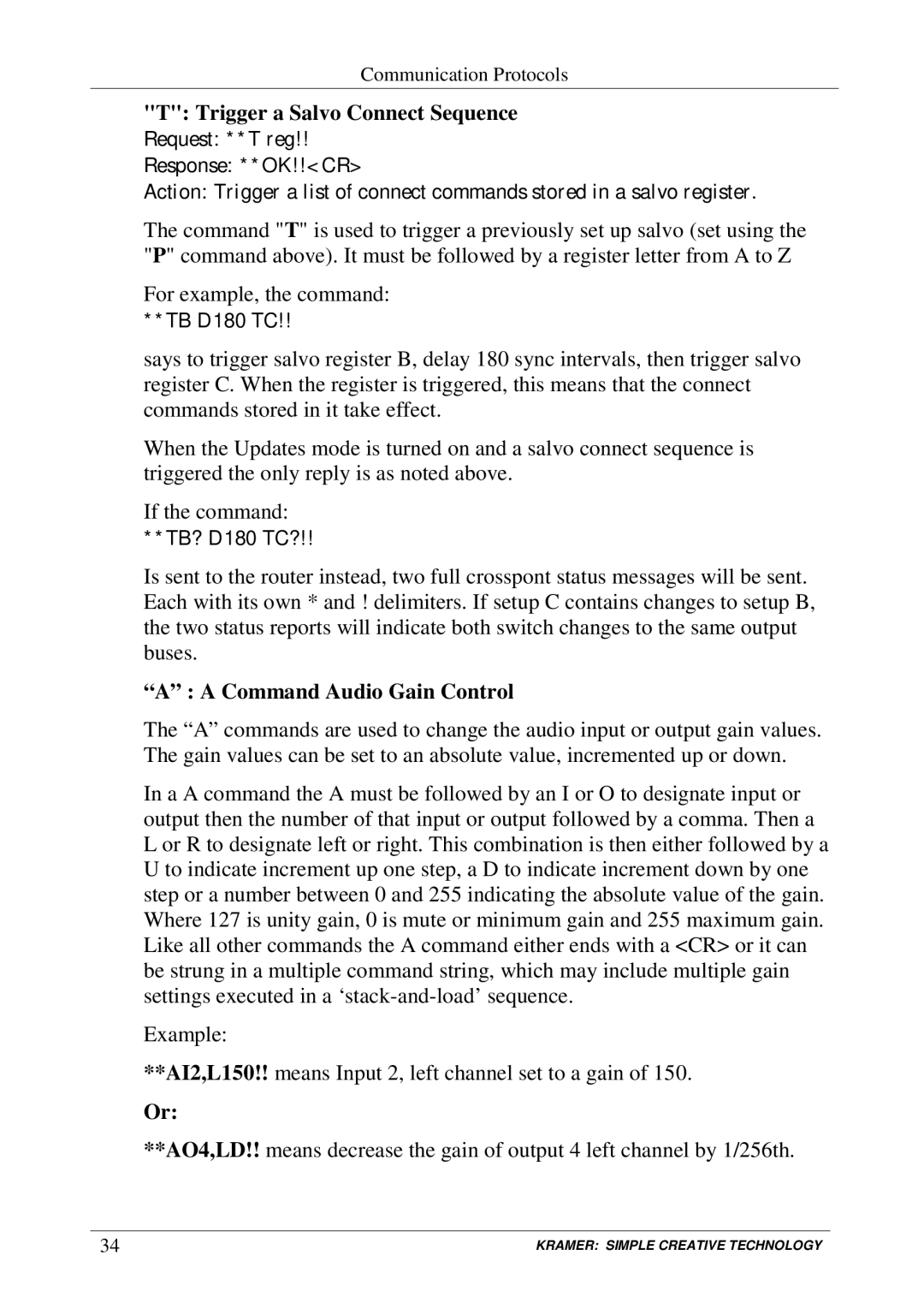 Kramer Electronics VP-128H user manual Trigger a Salvo Connect Sequence, Command Audio Gain Control 