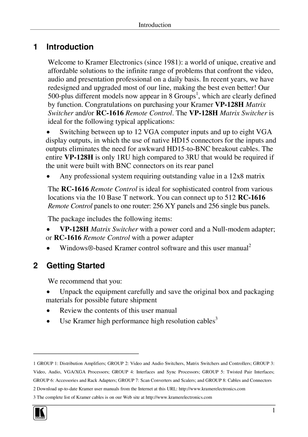 Kramer Electronics VP-128H user manual Introduction, Getting Started 