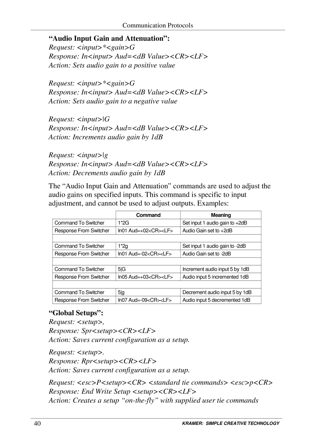 Kramer Electronics VP-128H user manual Audio Input Gain and Attenuation Request input*gainG, Global Setups Request setup 