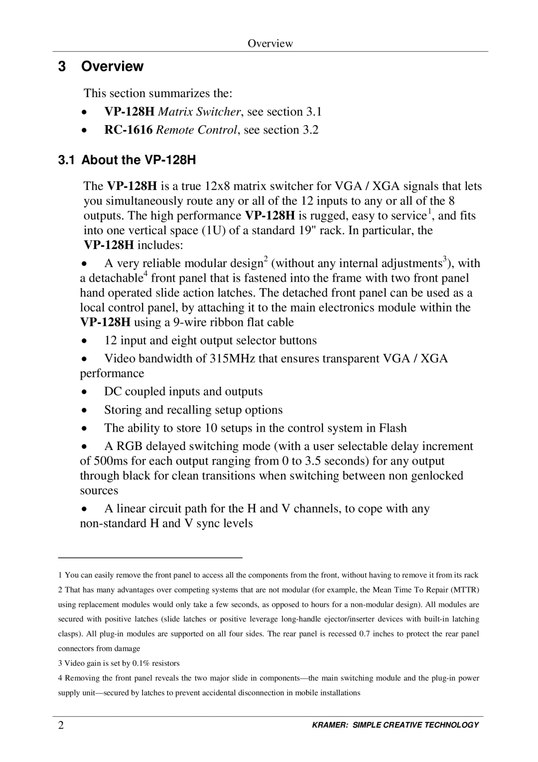 Kramer Electronics user manual Overview, About the VP-128H 