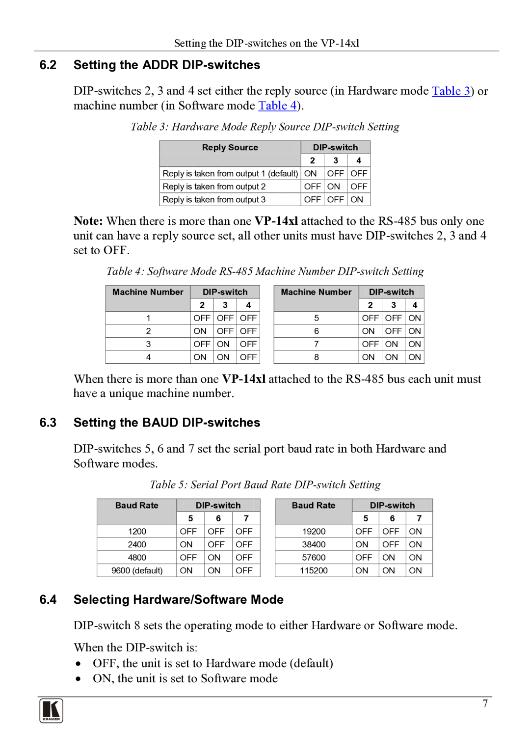 Kramer Electronics VP-14x1 Setting the Addr DIP-switches, Setting the Baud DIP-switches, Selecting Hardware/Software Mode 